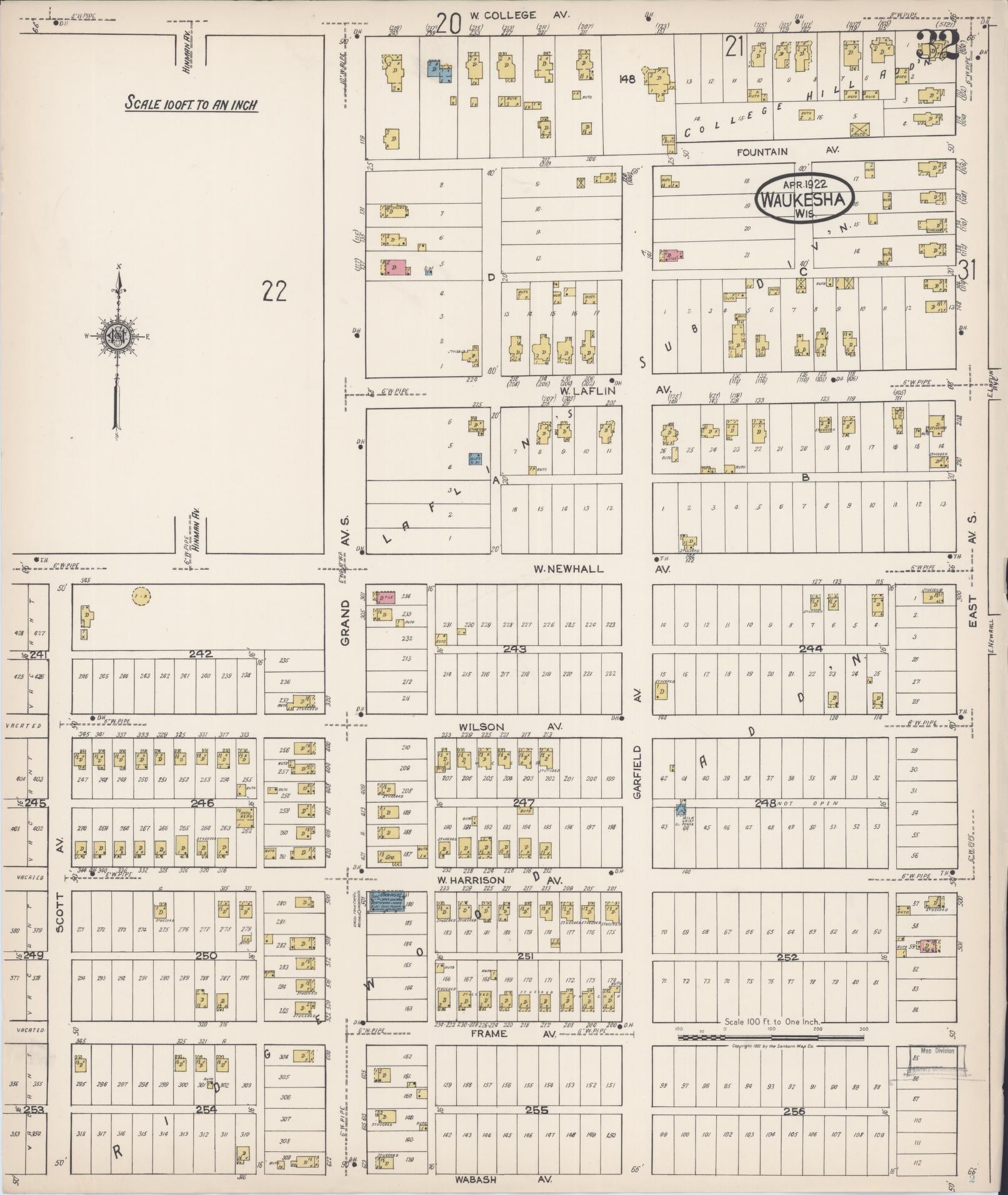 Sanborn Fire Insurance Map from Waukesha, Waukesha County, Wisconsin (1922), Sheet #0032 - Complete Map Set gallery image, historic Sanborn map, vintage wall art, Wisconsin Wisconsin