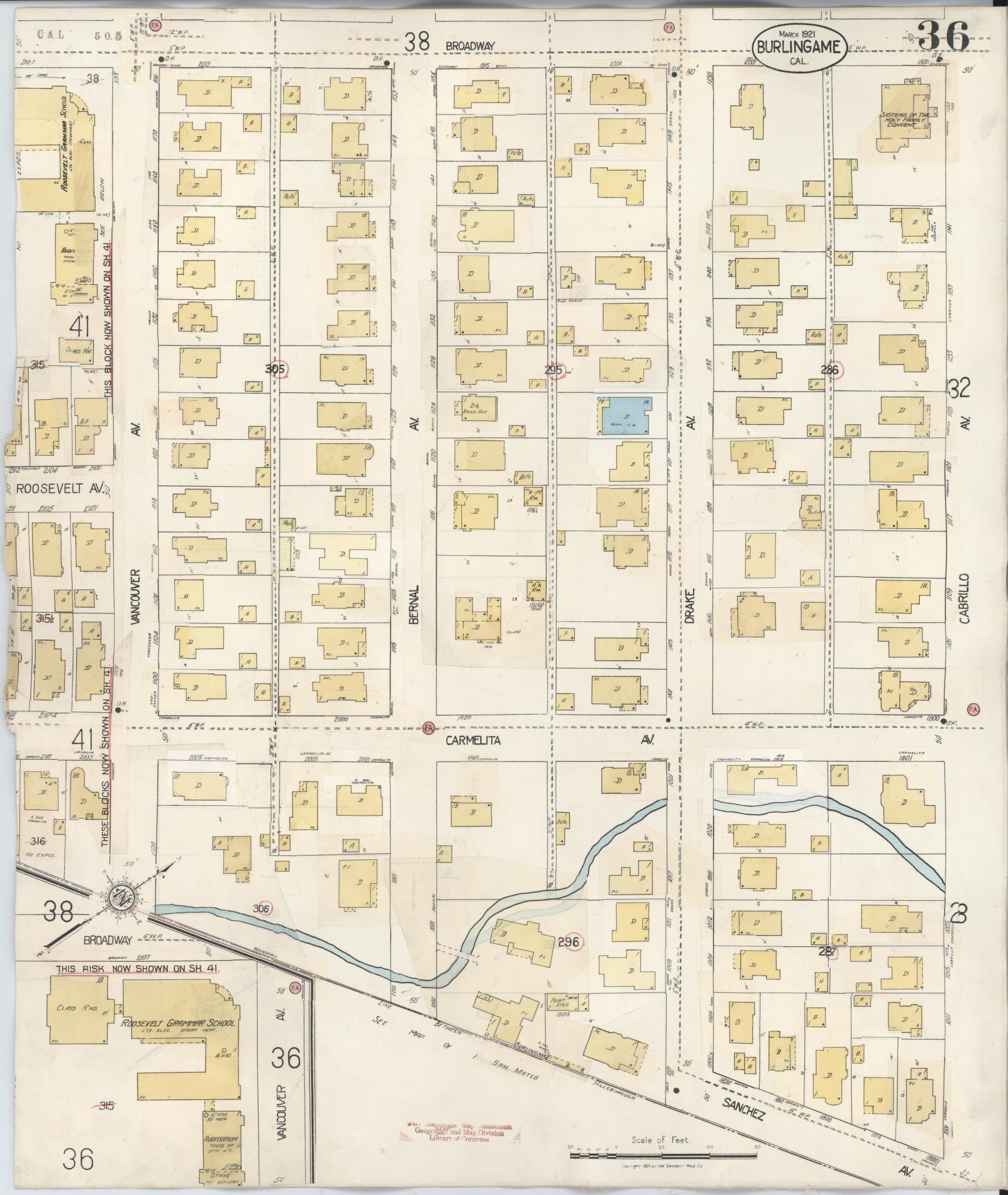 Sanborn Fire Insurance Map from Burlingame, San Mateo County, California (1949), Sheet #0036 - Historic Sanborn Fire Insurance Map Print, vintage old map wall art, antique decor, genealogy gift, California California map