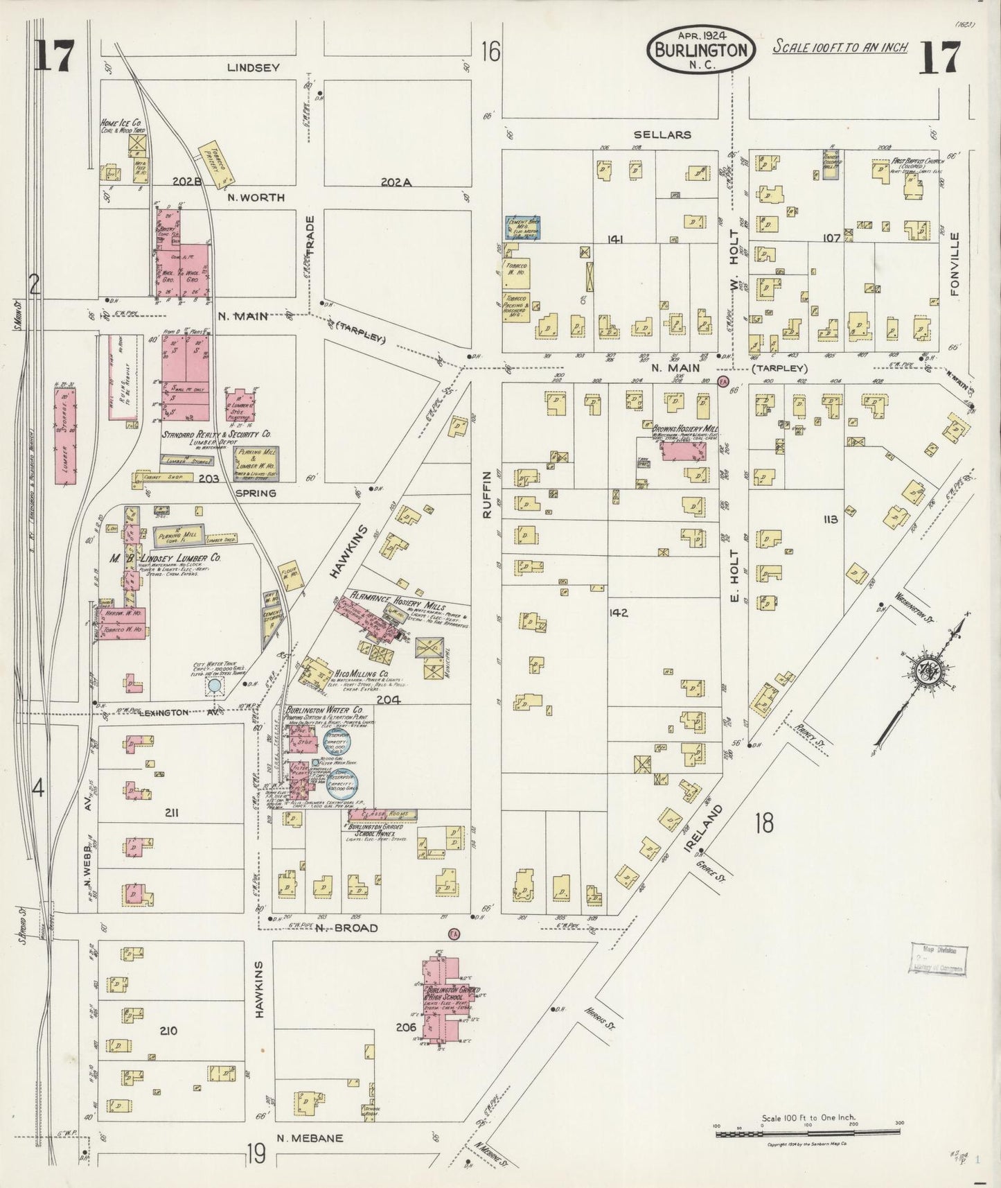 Sanborn Fire Insurance Map from Burlington, Alamance County, North Carolina (1924), Sheet #0017 - Complete Map Set gallery image, historic Sanborn map, vintage wall art, North Carolina North Carolina