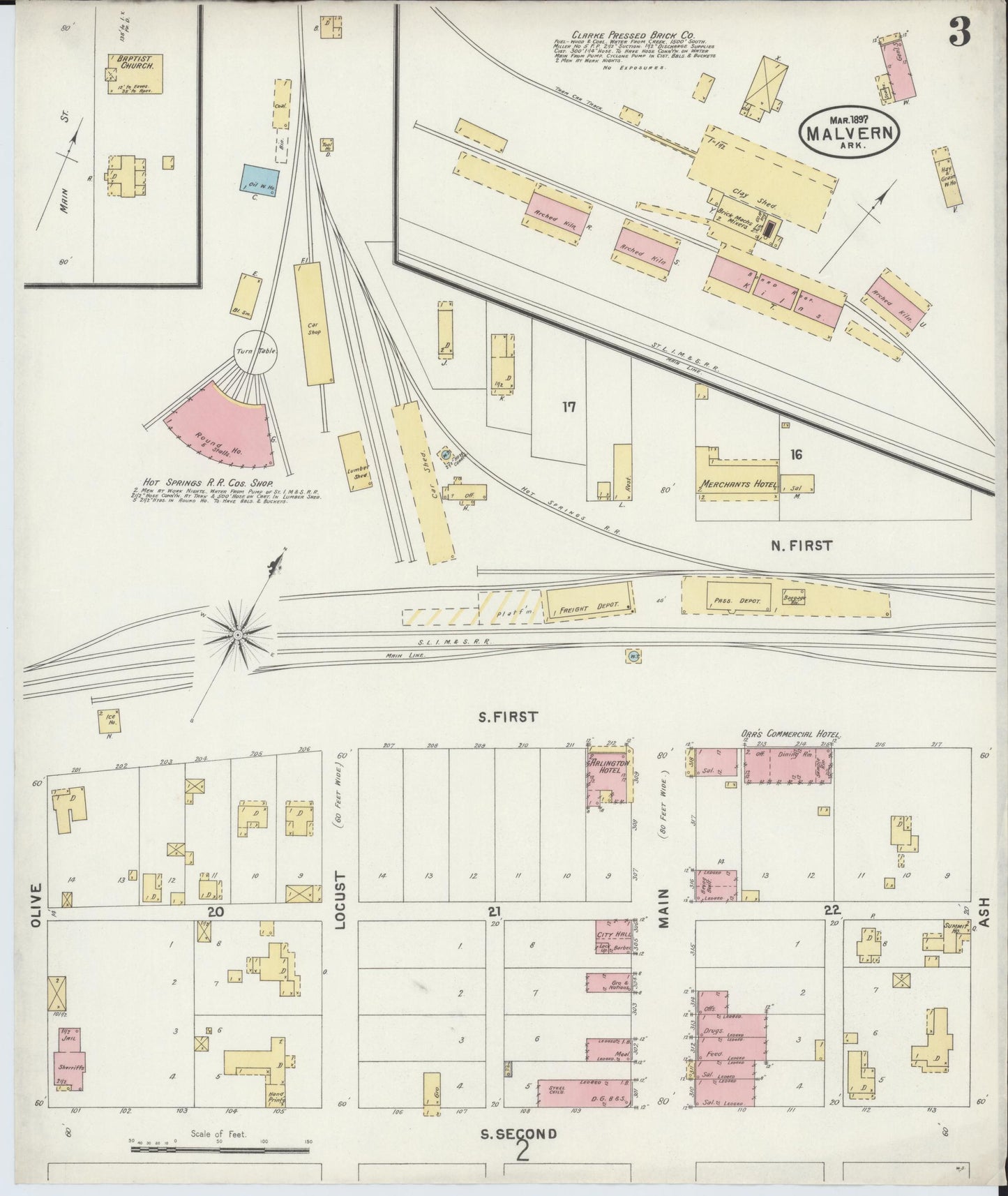 Sanborn Fire Insurance Map from Malvern, Hot Springs County, Arkansas (1897), Sheet #0003 - Historic Sanborn Fire Insurance Map Print, vintage old map wall art, antique decor, genealogy gift, Arkansas Arkansas map