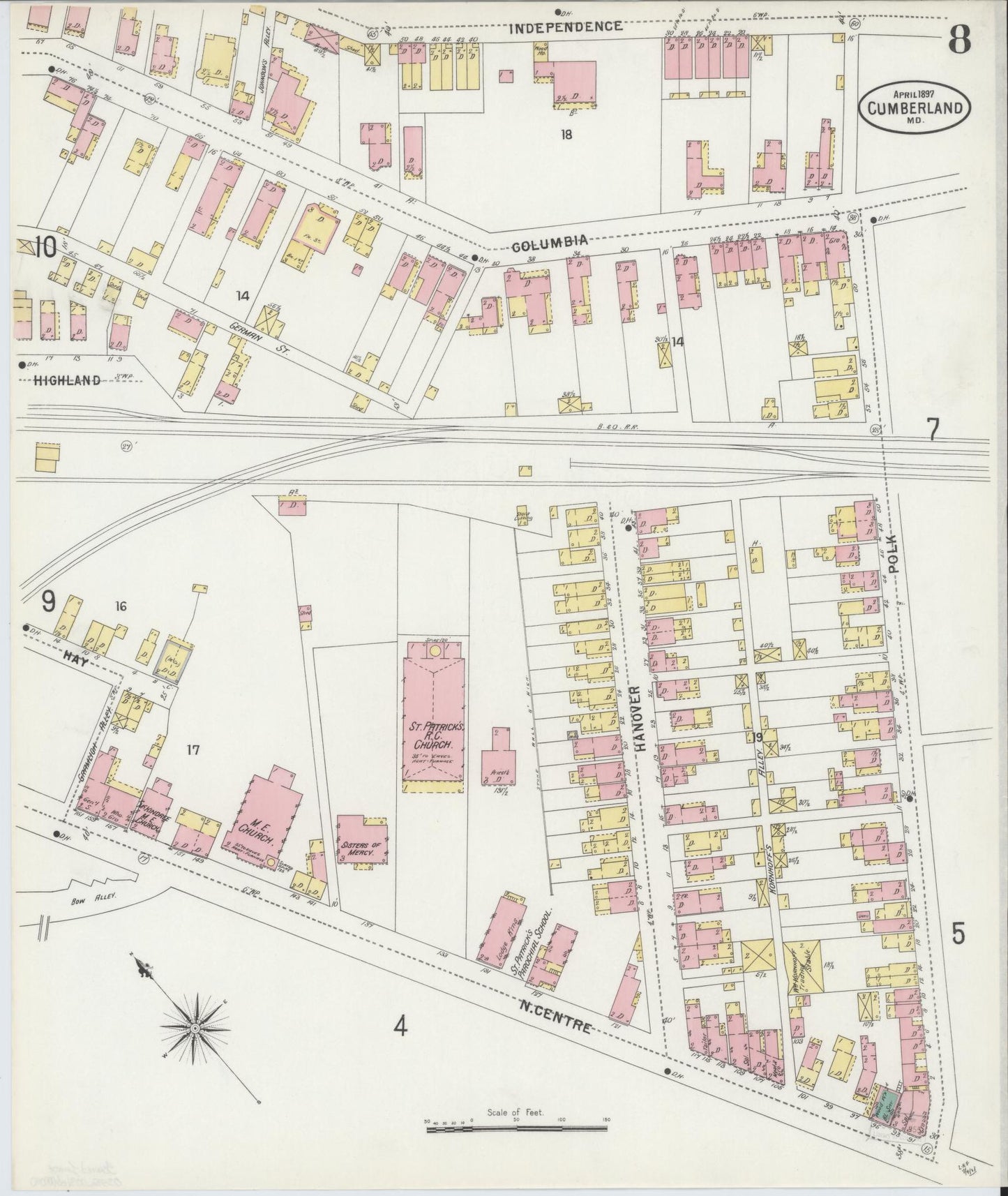Sanborn Fire Insurance Map from Cumberland, Allegany County, Maryland (1897), Sheet #0008 - Historic Sanborn Fire Insurance Map Print, vintage old map wall art, antique decor, genealogy gift, Maryland Maryland map