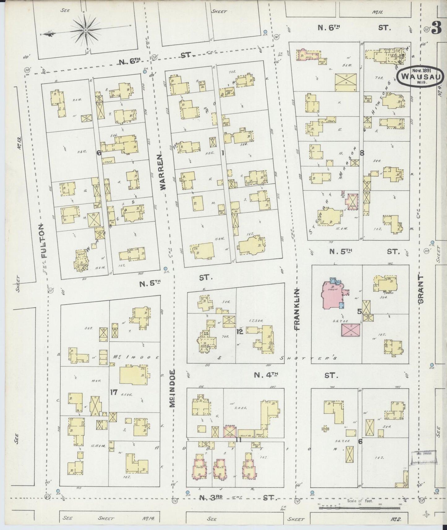 Sanborn Fire Insurance Map from Wausau, Marathon County, Wisconsin (1891), Sheet #0003 - Historic Sanborn Fire Insurance Map Print, vintage old map wall art, antique decor, genealogy gift, Wisconsin Wisconsin map