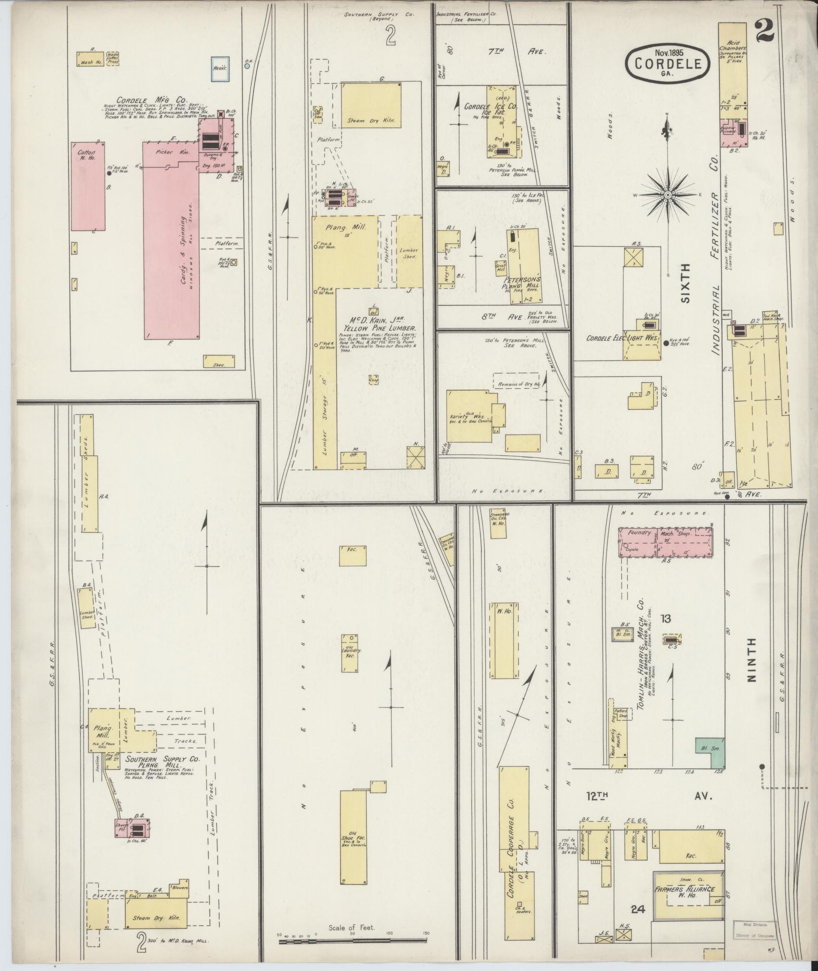 Sanborn Fire Insurance Map from Cordele, Crisp County, Georgia (1895), Sheet #0002 - Historic Sanborn Fire Insurance Map Print, vintage old map wall art, antique decor, genealogy gift, Georgia Georgia map