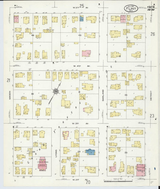 Sanborn Fire Insurance Map from Flint, Genesee County, Michigan (1909), Sheet #0022 - Historic Sanborn Fire Insurance Map Print, vintage old map wall art, antique decor, genealogy gift, Michigan Michigan map