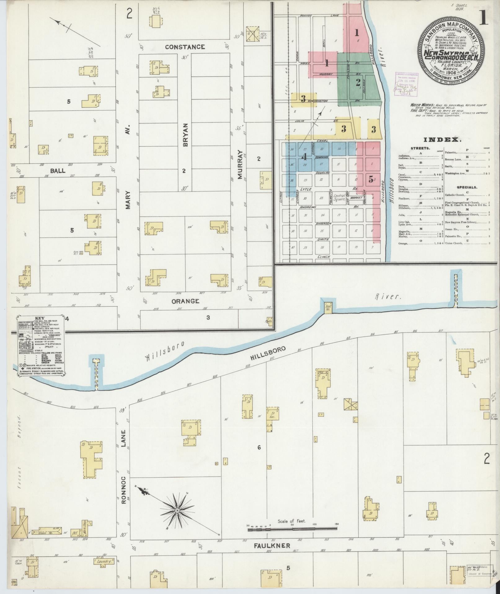 Sanborn Fire Insurance Map from New Smyrna, Valusia County, Florida (1906), Sheet #0001 - Historic Sanborn Fire Insurance Map Print, vintage old map wall art, antique decor, genealogy gift, Florida Florida map