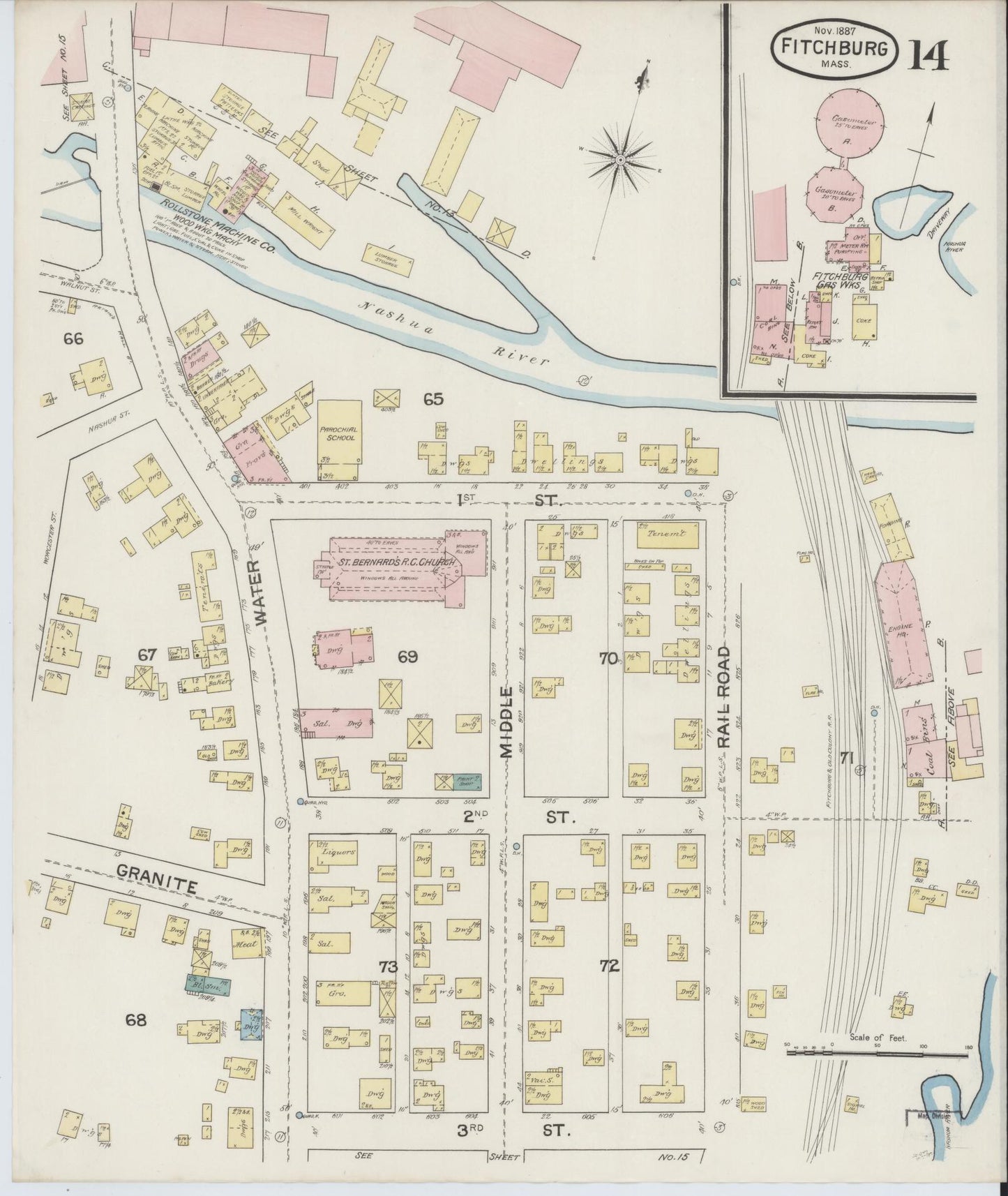 Sanborn Fire Insurance Map from Fitchburg, Worcester County, Massachusetts (1887), Sheet #0014 - Complete Map Set gallery image, historic Sanborn map, vintage wall art, Massachusetts Massachusetts