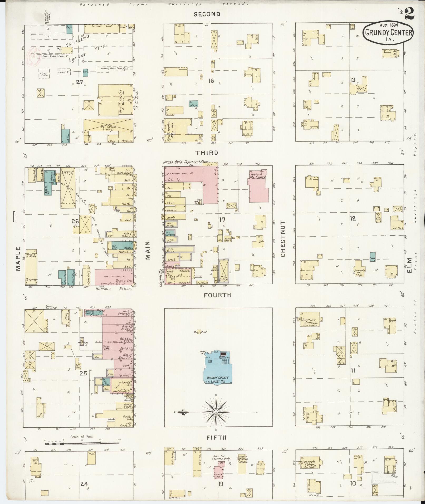 Sanborn Fire Insurance Map from Grundy Center, Grundy County, Iowa (1894), Sheet #0002 - Historic Sanborn Fire Insurance Map Print, vintage old map wall art