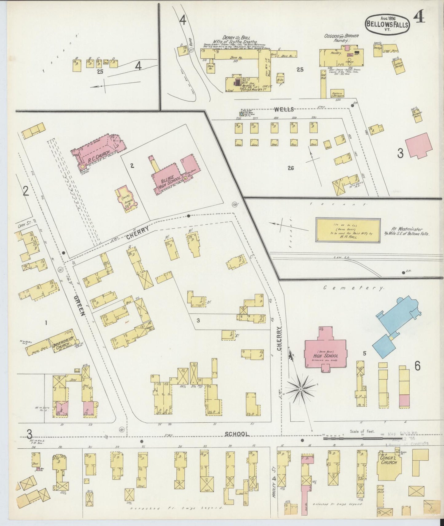 Sanborn Fire Insurance Map from Bellows Falls, Windham County, Vermont (1896), Sheet #0004 - Historic Sanborn Fire Insurance Map Print, vintage old map wall art, antique decor, genealogy gift, Vermont Vermont map