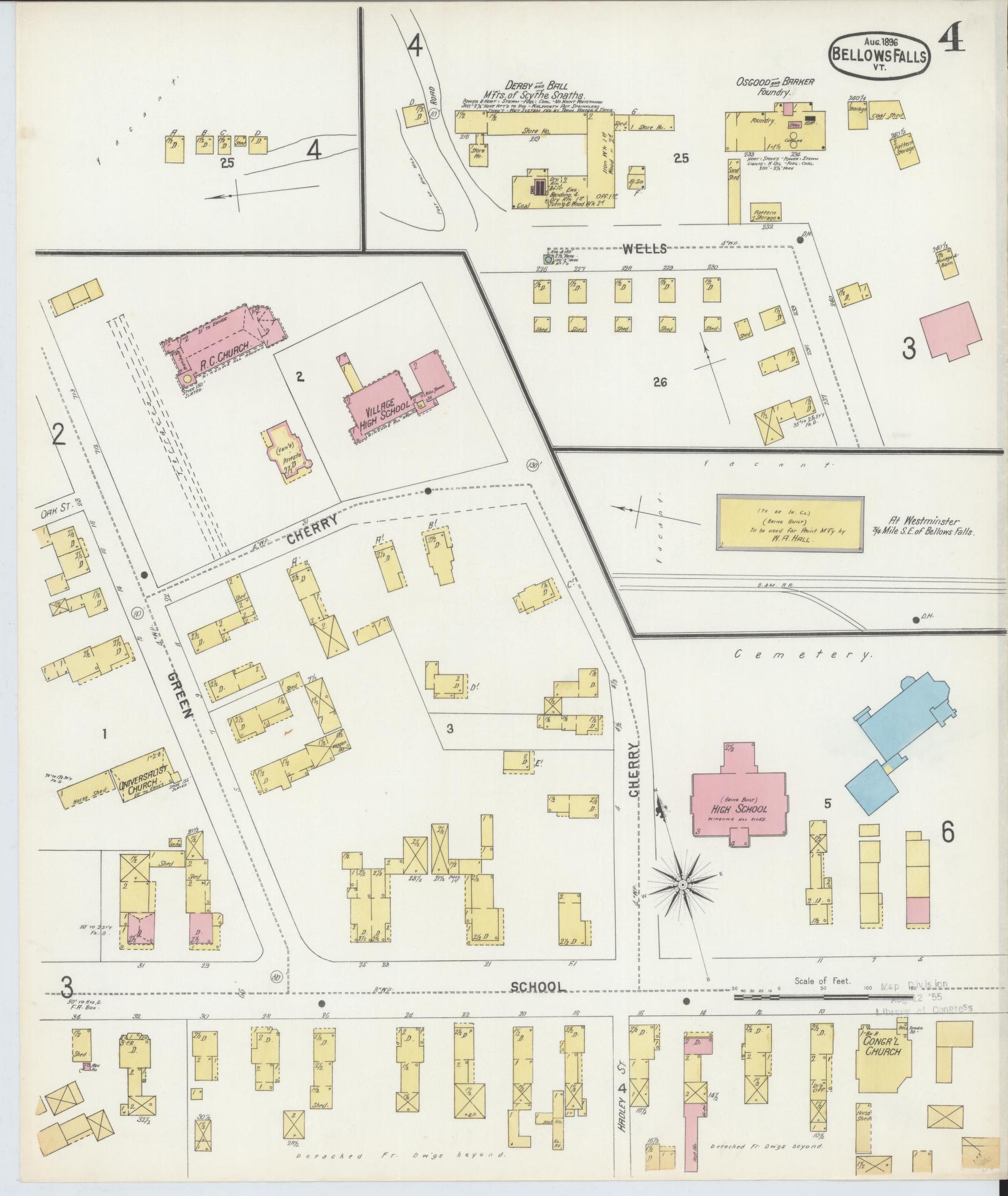 Sanborn Fire Insurance Map from Bellows Falls, Windham County, Vermont (1896), Sheet #0004 - Historic Sanborn Fire Insurance Map Print, vintage old map wall art, antique decor, genealogy gift, Vermont Vermont map