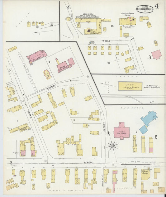 Sanborn Fire Insurance Map from Bellows Falls, Windham County, Vermont (1896), Sheet #0004 - Historic Sanborn Fire Insurance Map Print, vintage old map wall art, antique decor, genealogy gift, Vermont Vermont map