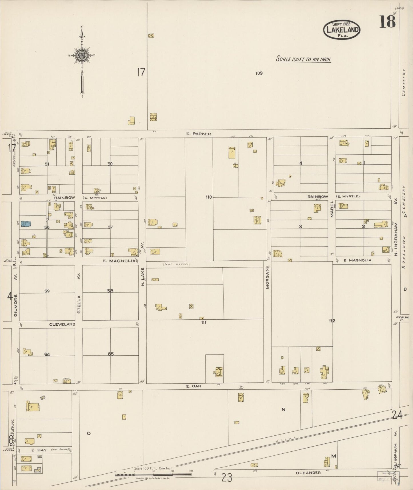 Sanborn Fire Insurance Map from Lakeland, Polk County, Florida (1922), Sheet #0018 - Complete Map Set gallery image, historic Sanborn map, vintage wall art, Florida Florida