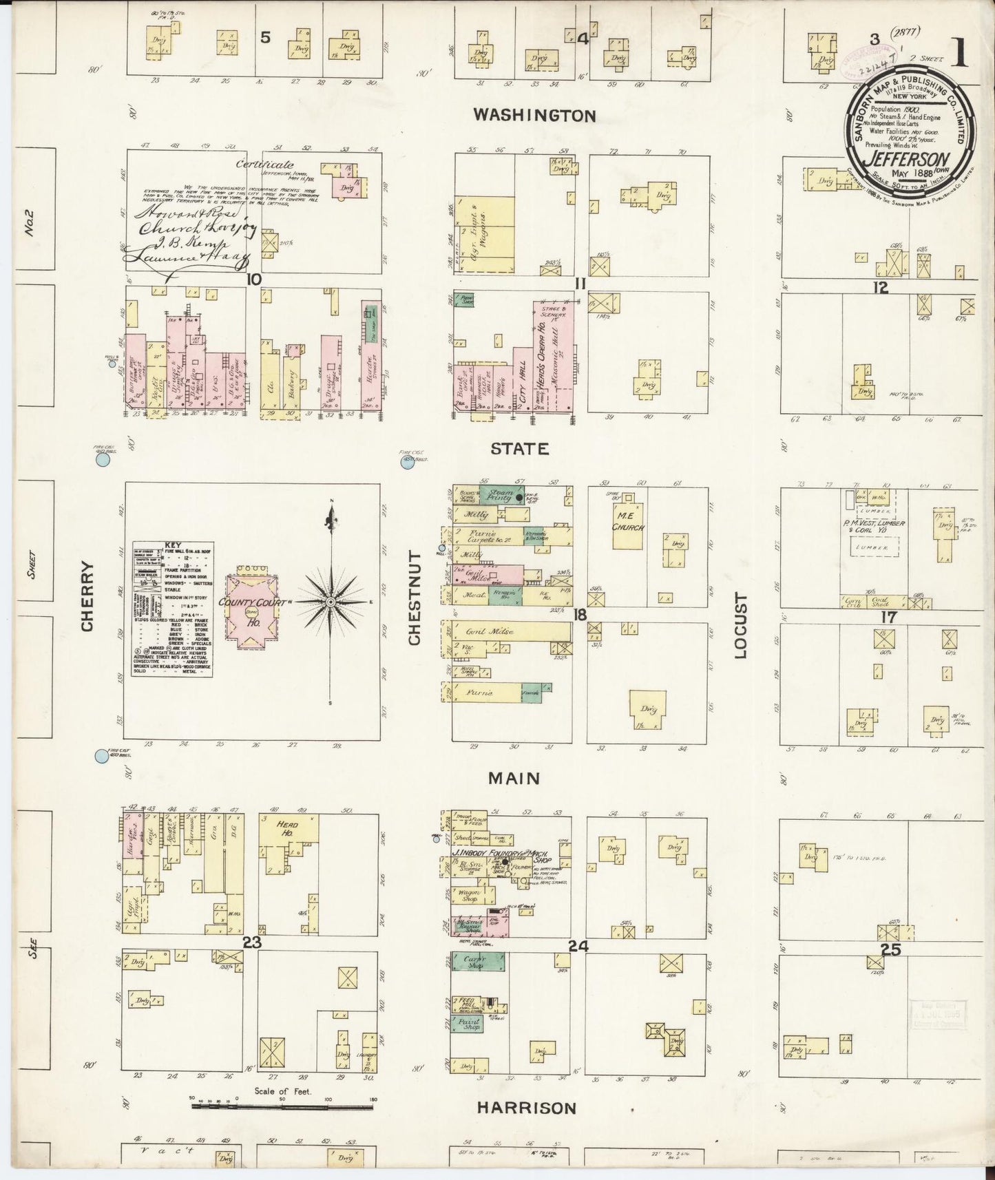 Sanborn Fire Insurance Map from Jefferson, Greene County, Iowa (1888), Sheet #0001 - Historic Sanborn Fire Insurance Map Print, vintage old map wall art
