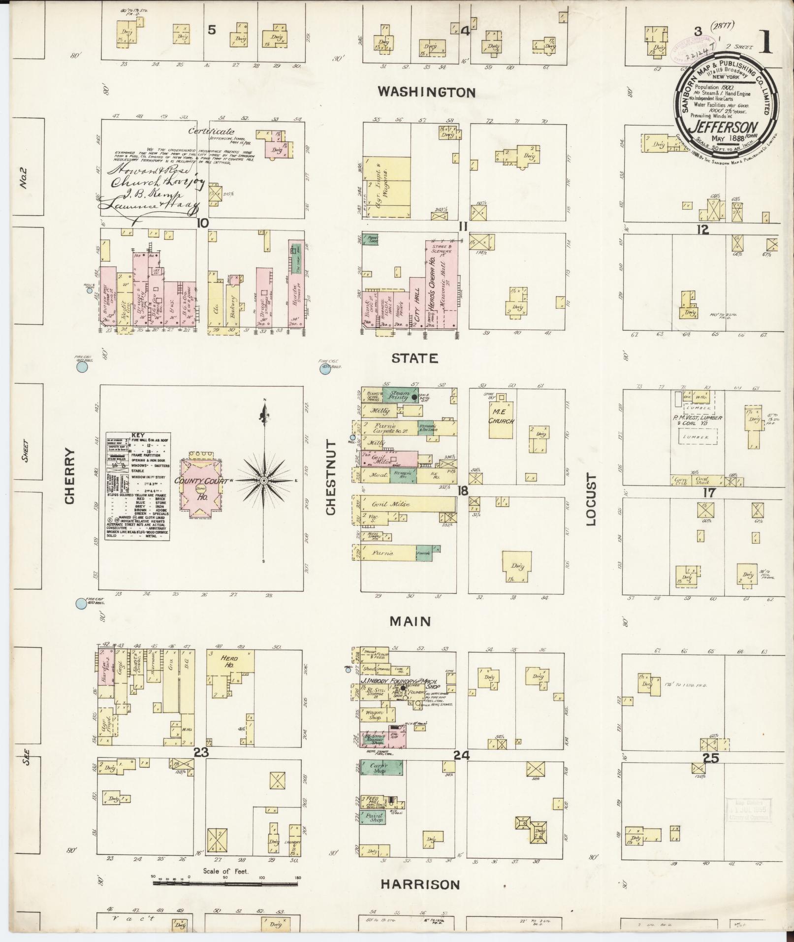 Sanborn Fire Insurance Map from Jefferson, Greene County, Iowa (1888), Sheet #0001 - Historic Sanborn Fire Insurance Map Print, vintage old map wall art
