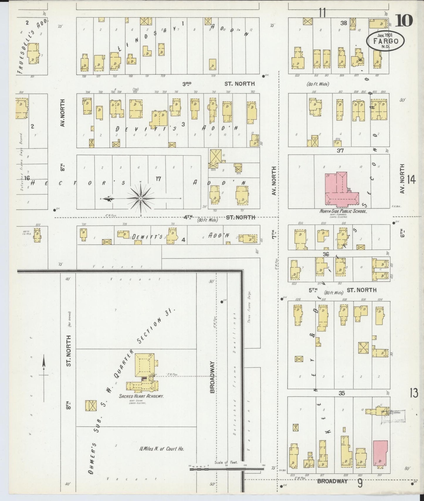 Sanborn Fire Insurance Map from Fargo, Cass County, North Dakota (1901), Sheet #0010 - Historic Sanborn Fire Insurance Map Print, vintage old map wall art, antique decor, genealogy gift, North Dakota North Dakota map