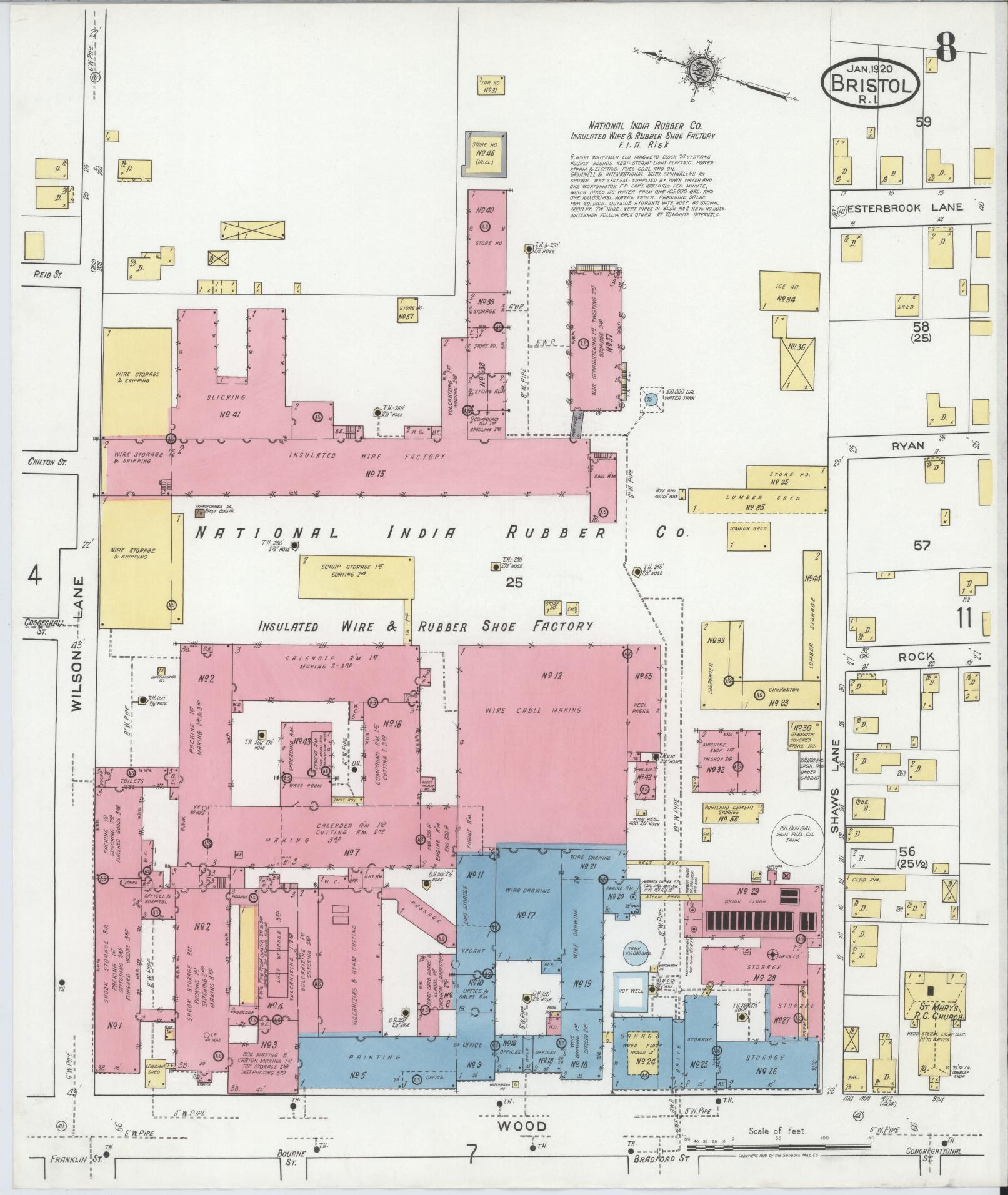 Sanborn Fire Insurance Map from Bristol, Bristol County, Rhode Island (1920), Sheet #0008 - Historic Sanborn Fire Insurance Map Print, vintage old map wall art, antique decor, genealogy gift, Rhode Island Rhode Island map