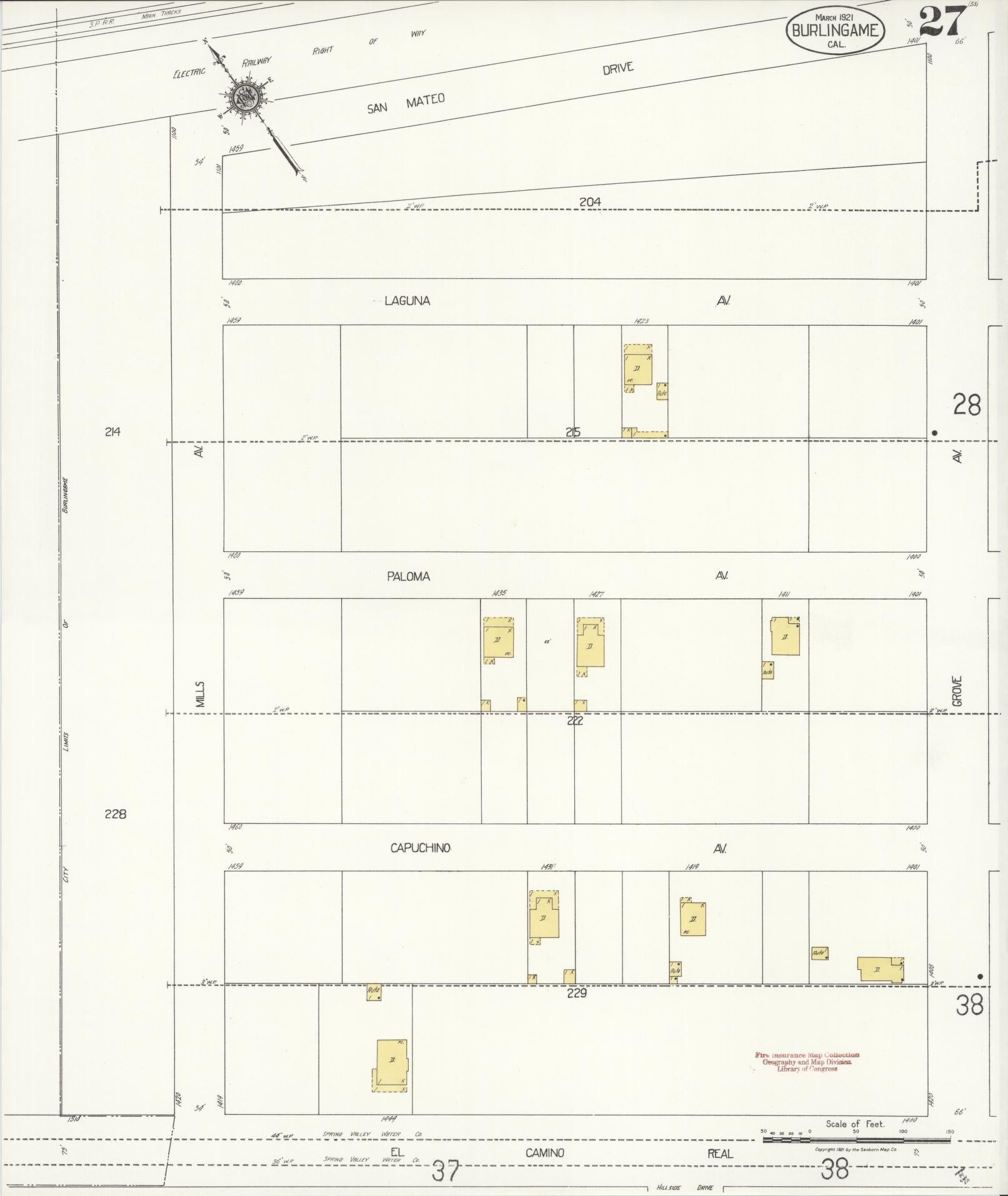 Sanborn Fire Insurance Map from Burlingame, San Mateo County, California (1921), Sheet #0027 - Historic Sanborn Fire Insurance Map Print, vintage old map wall art, antique decor, genealogy gift, California California map