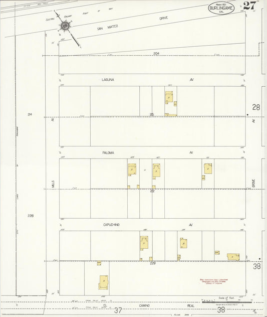 Sanborn Fire Insurance Map from Burlingame, San Mateo County, California (1921), Sheet #0027 - Historic Sanborn Fire Insurance Map Print, vintage old map wall art, antique decor, genealogy gift, California California map