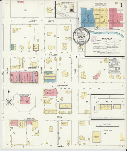 Sanborn Fire Insurance Map from Ozark, Franklin County, Arkansas (1909), Sheet #0001 - Complete Map Set gallery image, historic Sanborn map, vintage wall art, Arkansas Arkansas