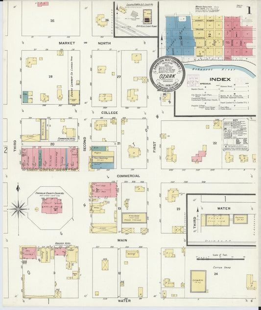 Sanborn Fire Insurance Map from Ozark, Franklin County, Arkansas (1909), Sheet #0001 - Complete Map Set gallery image, historic Sanborn map, vintage wall art, Arkansas Arkansas