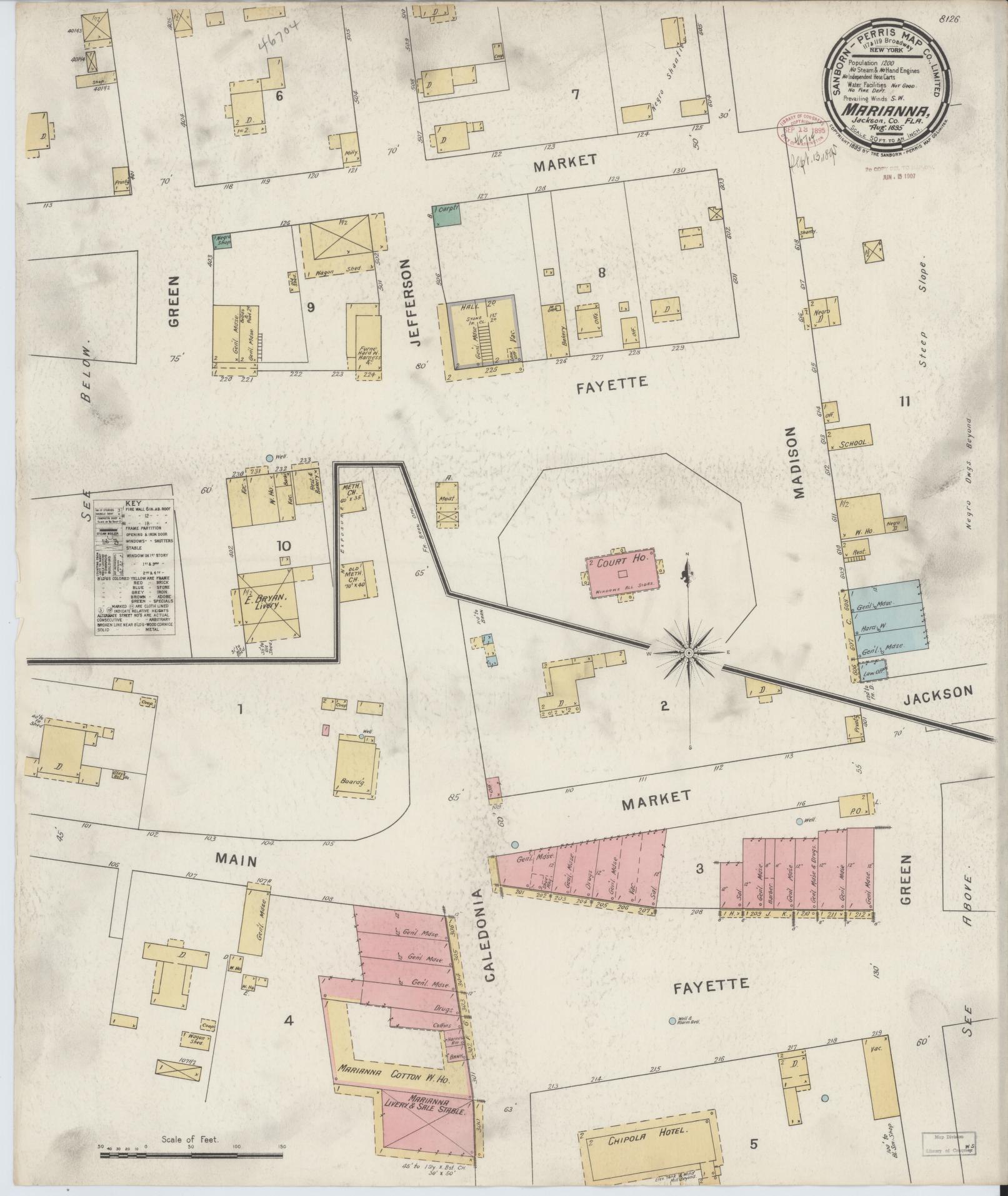 Sanborn Fire Insurance Map from Marianna, Jackson County, Florida (1895), Sheet #0001 - Historic Sanborn Fire Insurance Map Print, vintage old map wall art, antique decor, genealogy gift, Florida Florida map