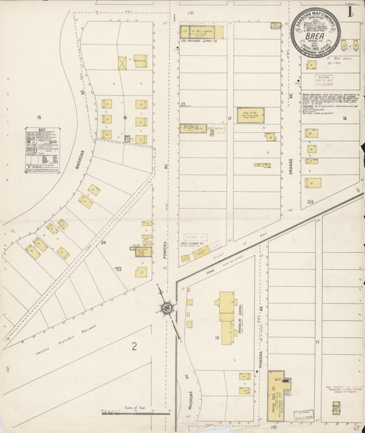 Sanborn Fire Insurance Map from Brea, Orange County, California (1915), Sheet #0001 - Complete Map Set gallery image, historic Sanborn map, vintage wall art, California California