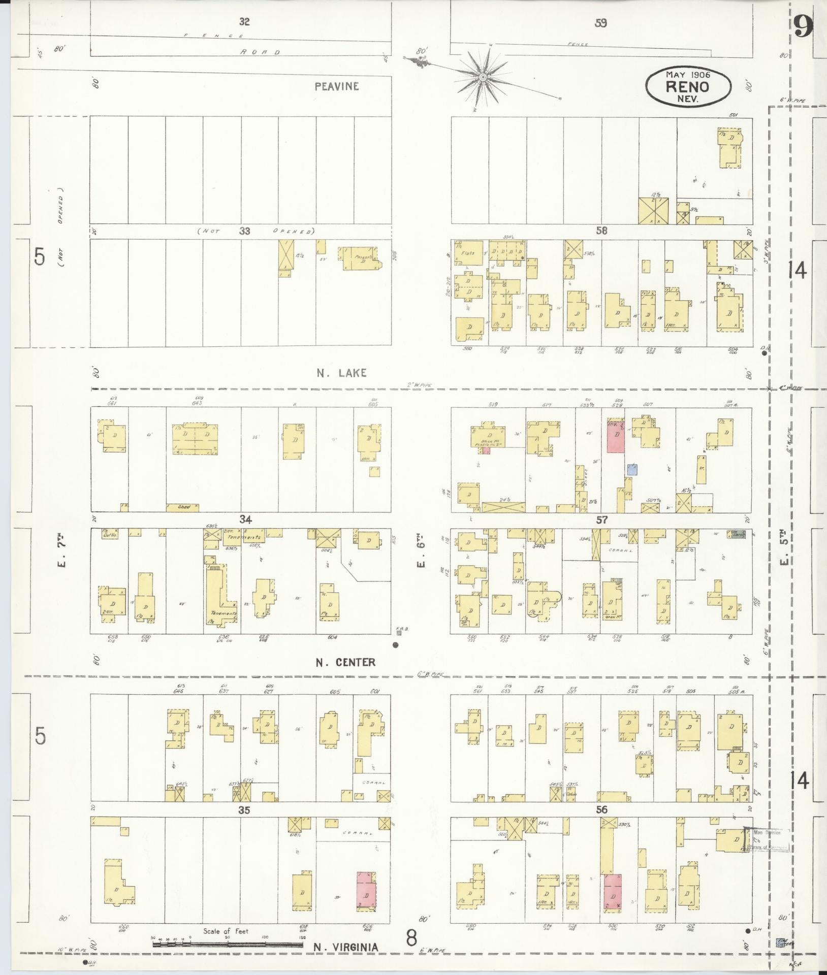 Sanborn Fire Insurance Map from Reno, Washoe County, Nevada (1906), Sheet #0009 - Historic Sanborn Fire Insurance Map Print, vintage old map wall art, antique decor, genealogy gift, Nevada Nevada map