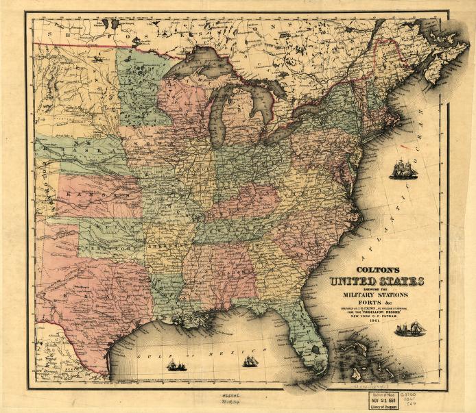 Colton's United States shewing the military stations, forts, &c Civil War Map (1861) - Historic Battlefield Map Reprint