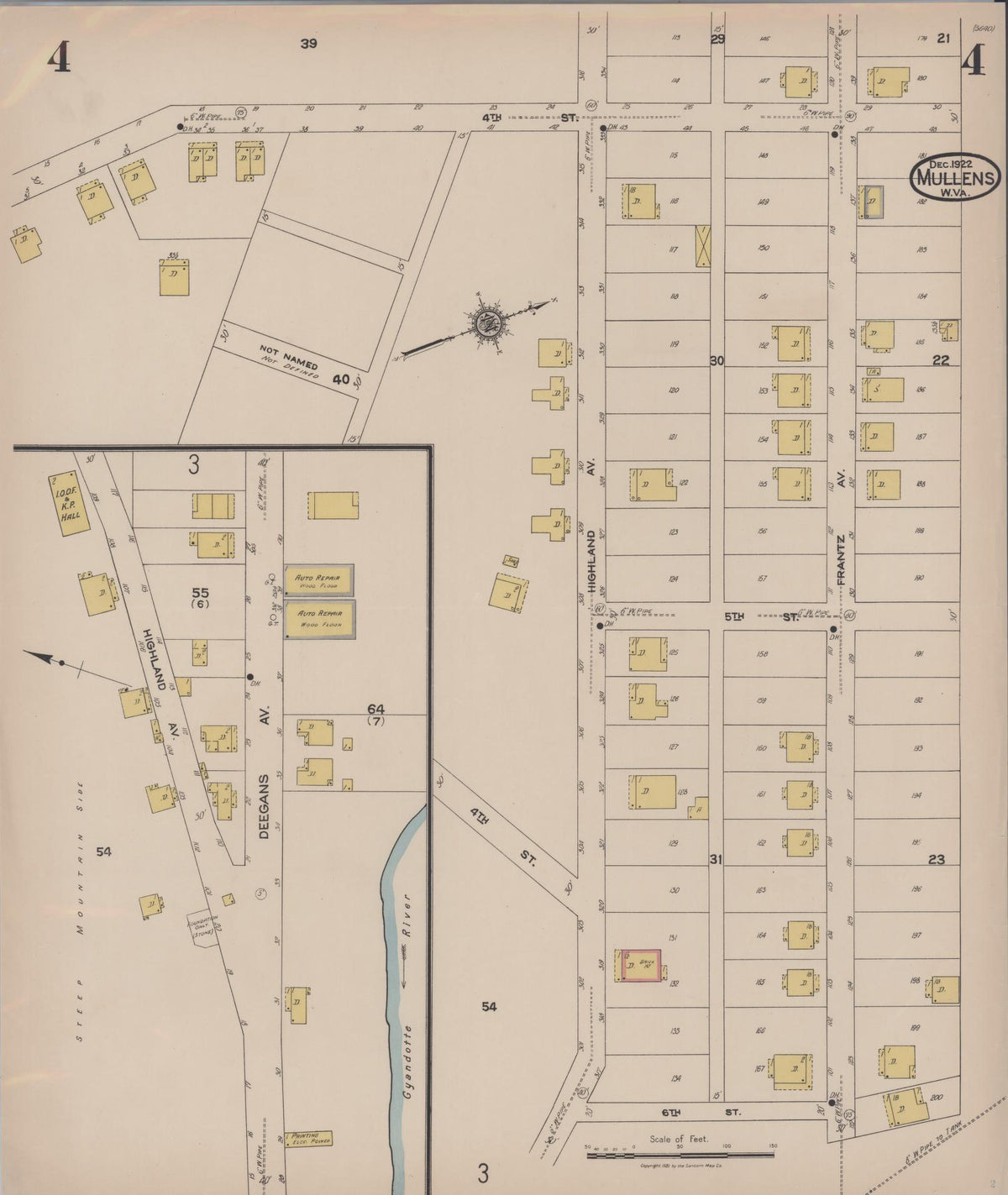 Sanborn Fire Insurance Map from Mullens, Wyoming County, West Virginia (1922), Sheet #0004 - Historic Sanborn Fire Insurance Map Print, vintage old map wall art, antique decor, genealogy gift, Mullens Wyoming map