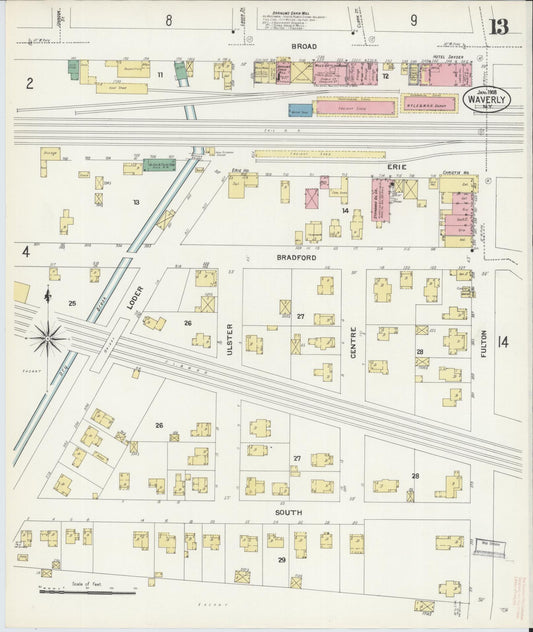 Sanborn Fire Insurance Map from Waverly, Tioga County, New York (1908), Sheet #0013 - Historic Sanborn Fire Insurance Map Print, vintage old map wall art, antique decor, genealogy gift, New York New York map