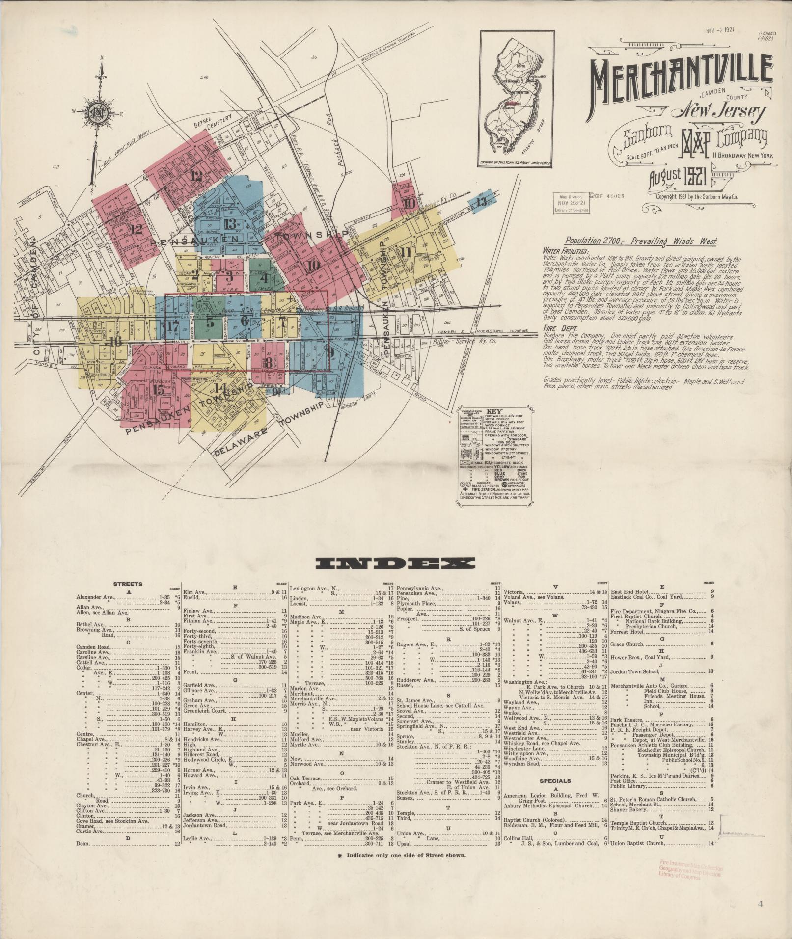 Sanborn Fire Insurance Map from Merchantville, Camden County, New Jersey. (1921) – Historic Sanborn Fire Insurance Map Print