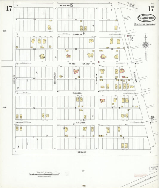 Sanborn Fire Insurance Map from Clarksdale, Coahoma County, Mississippi (1923), Sheet #0017 - Historic Sanborn Fire Insurance Map Print, vintage old map wall art, antique decor, genealogy gift, Mississippi Mississippi map