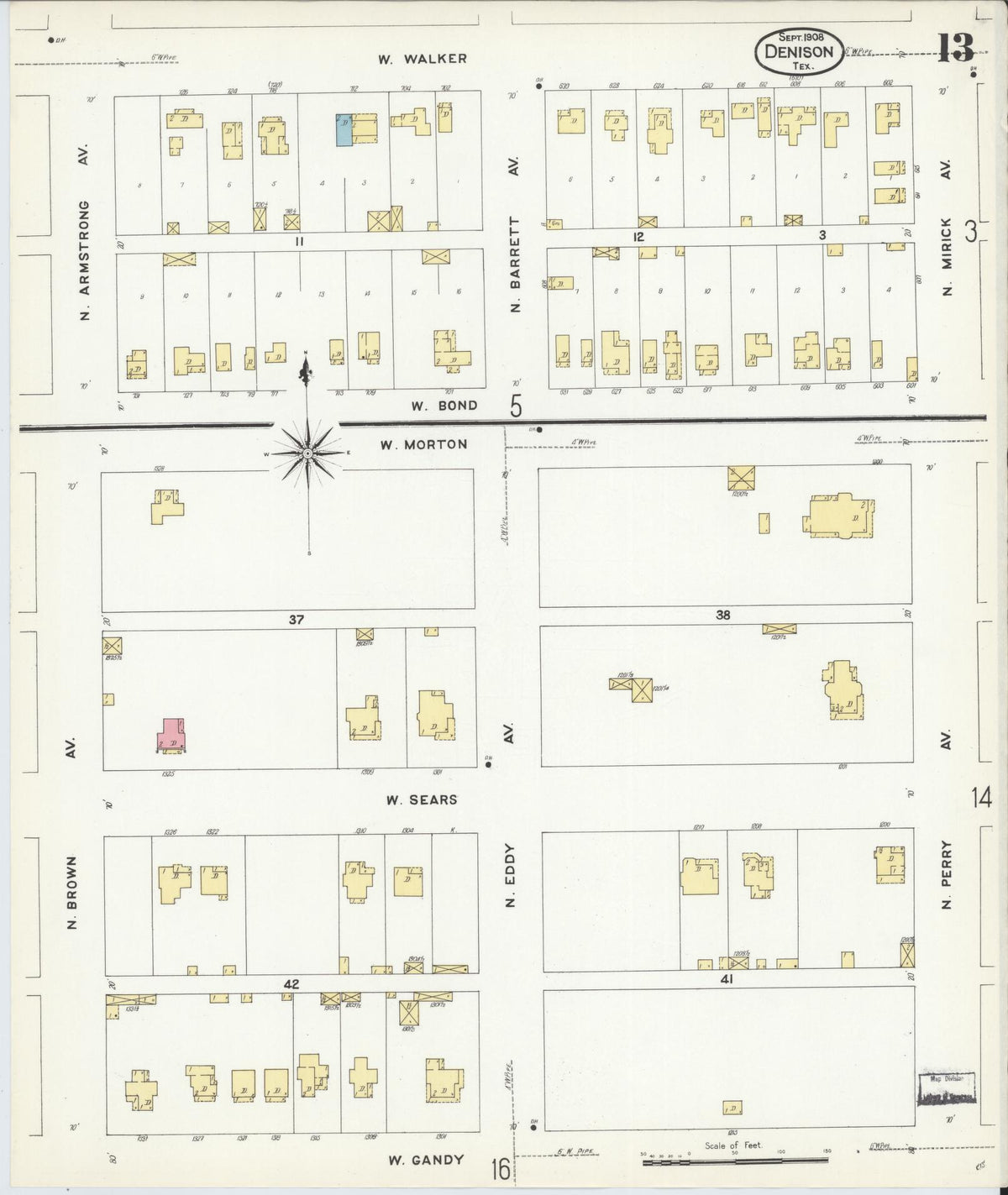 Sanborn Fire Insurance Map from Denison, Grayson County, Texas (1908), Sheet #0013 - Complete Map Set gallery image, historic Sanborn map, vintage wall art, Texas Texas