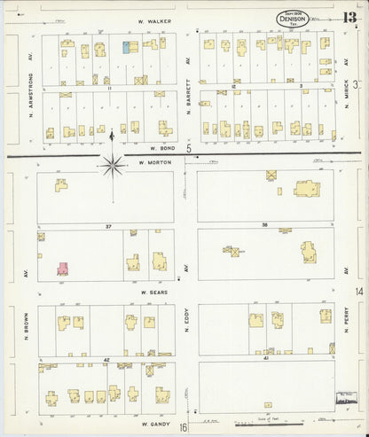 Sanborn Fire Insurance Map from Denison, Grayson County, Texas (1908), Sheet #0013 - Complete Map Set gallery image, historic Sanborn map, vintage wall art, Texas Texas