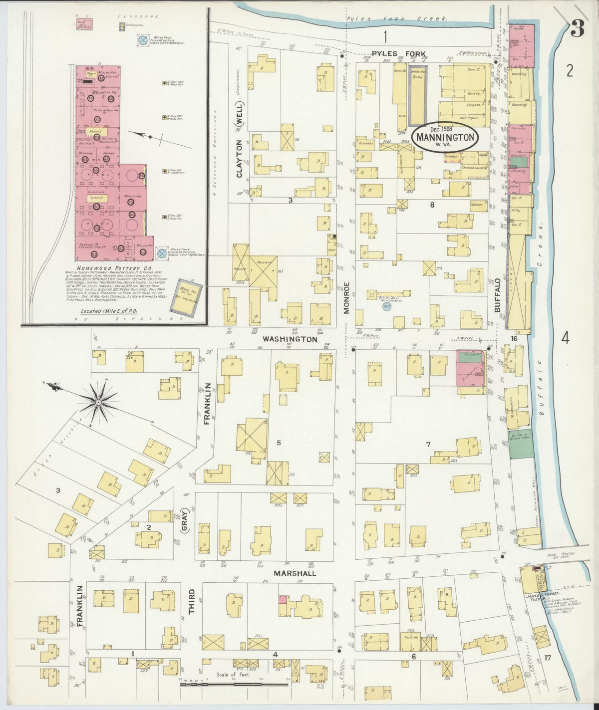 Sanborn Fire Insurance Map from Mannington, Marion County, West Virginia (1908), Sheet #0003 - Complete Map Set gallery image, historic Sanborn map, vintage wall art, West Virginia West Virginia