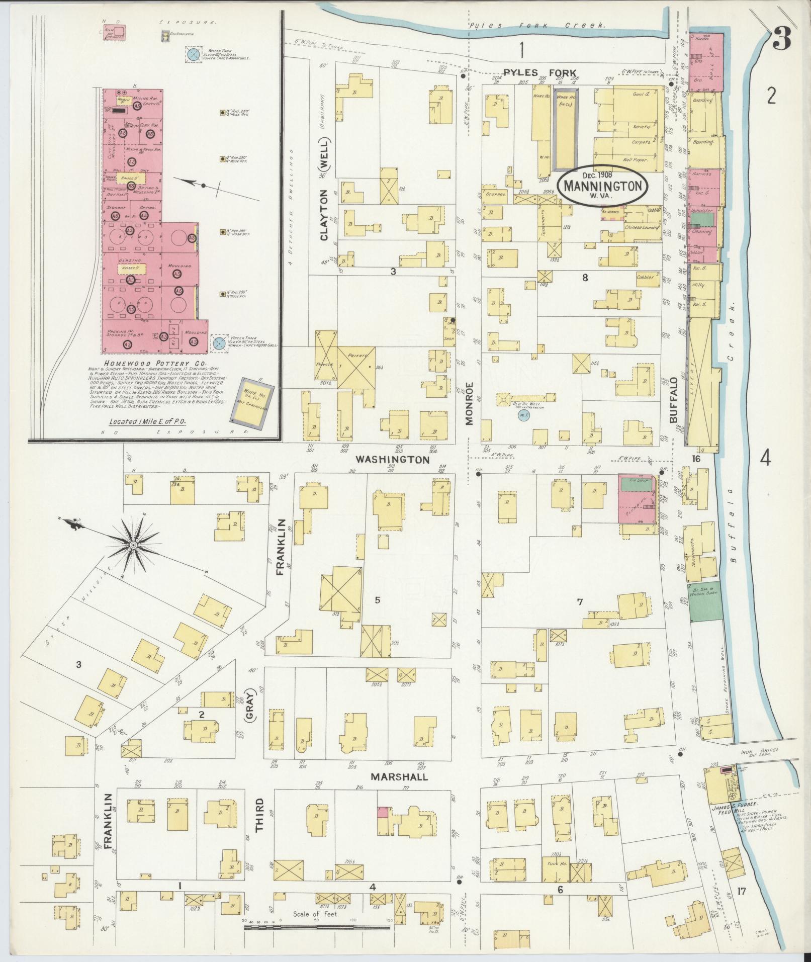 Sanborn Fire Insurance Map from Mannington, Marion County, West Virginia (1908), Sheet #0003 - Complete Map Set gallery image, historic Sanborn map, vintage wall art, West Virginia West Virginia