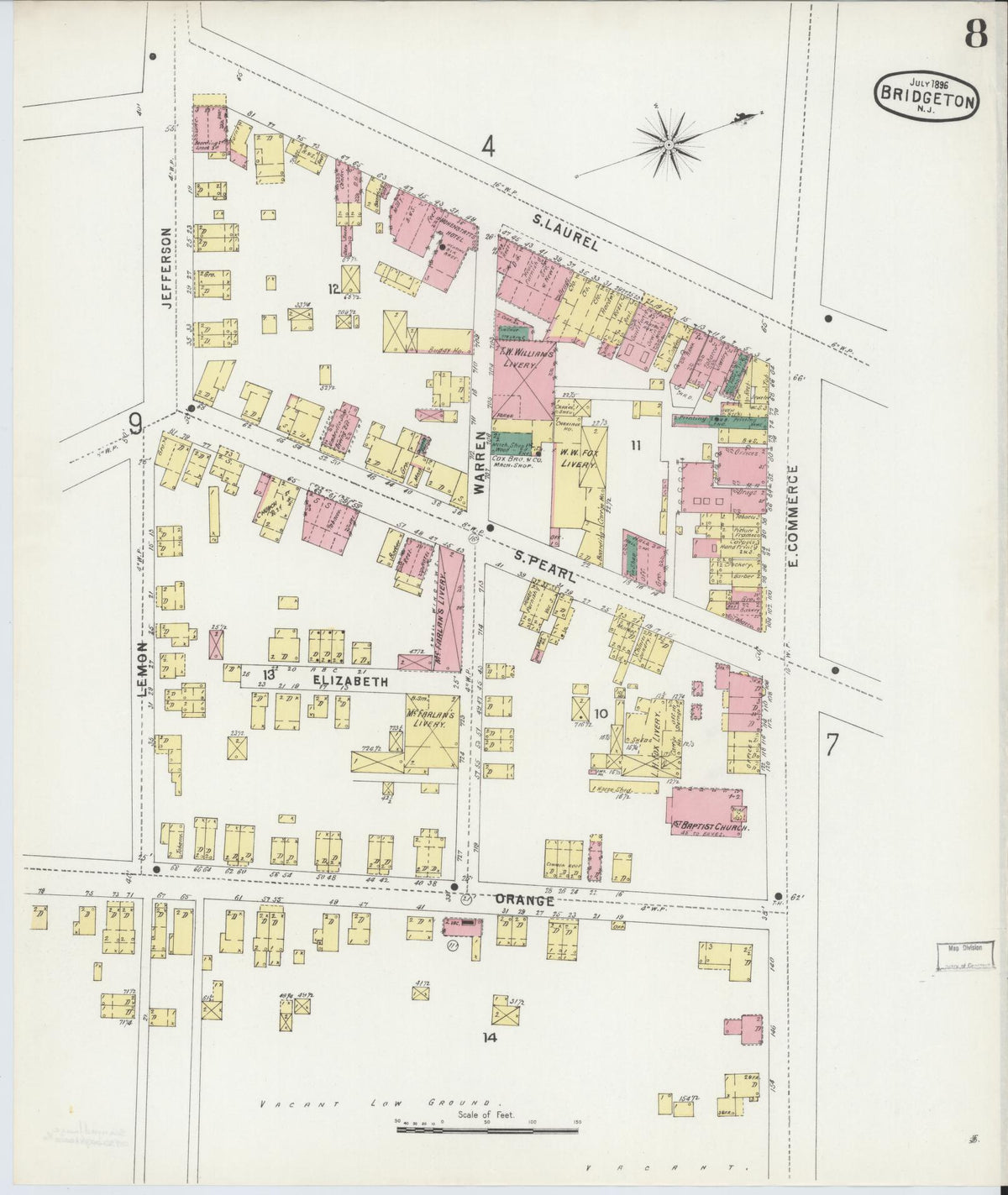 Sanborn Fire Insurance Map from Bridgeton, Cumberland County, New Jersey (1896), Sheet #0008 - Complete Map Set gallery image, historic Sanborn map, vintage wall art, New Jersey New Jersey