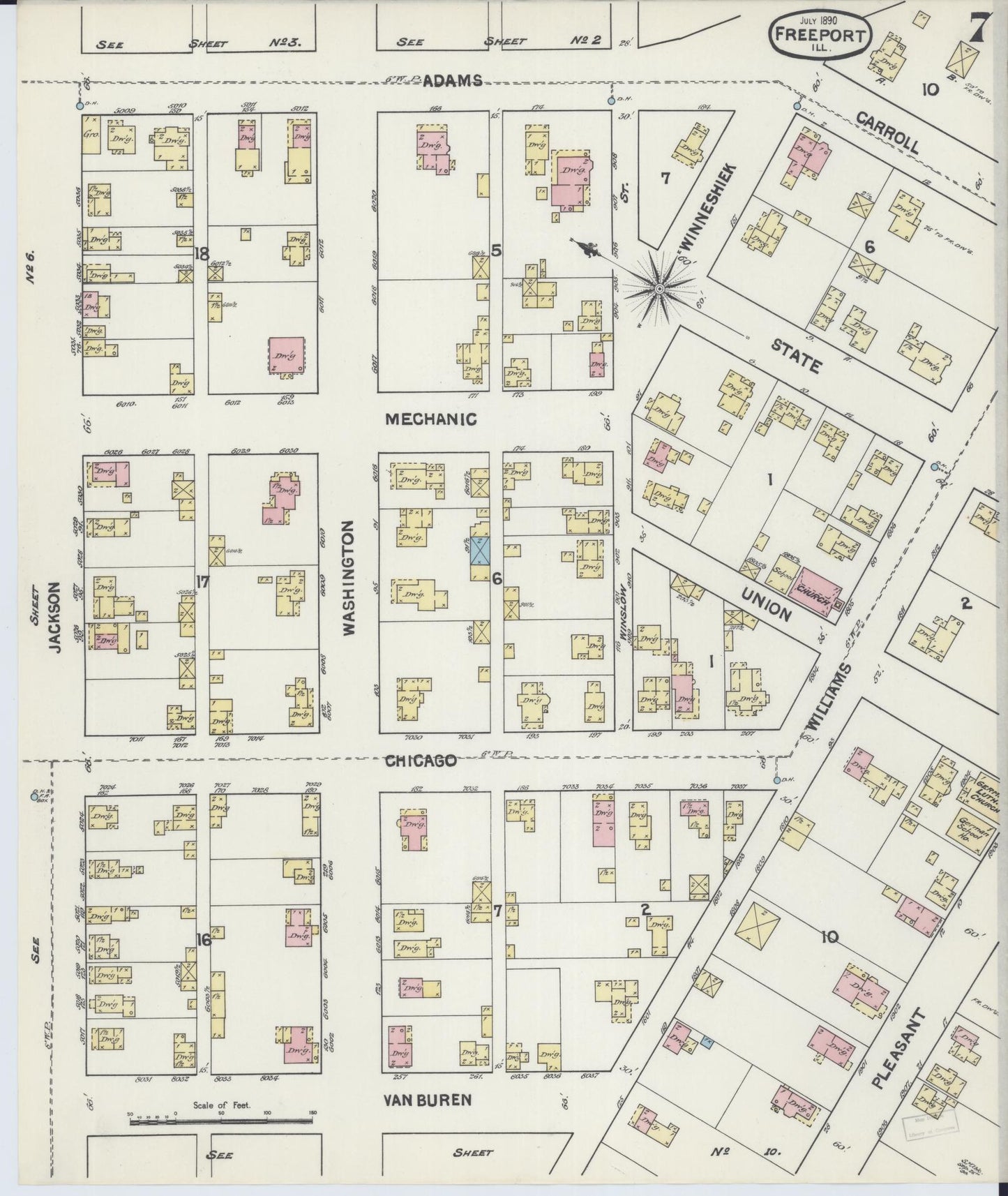 Sanborn Fire Insurance Map from Freeport, Stephenson County, Illinois (1890), Sheet #0007 - Complete Map Set gallery image, historic Sanborn map, vintage wall art, Illinois Illinois