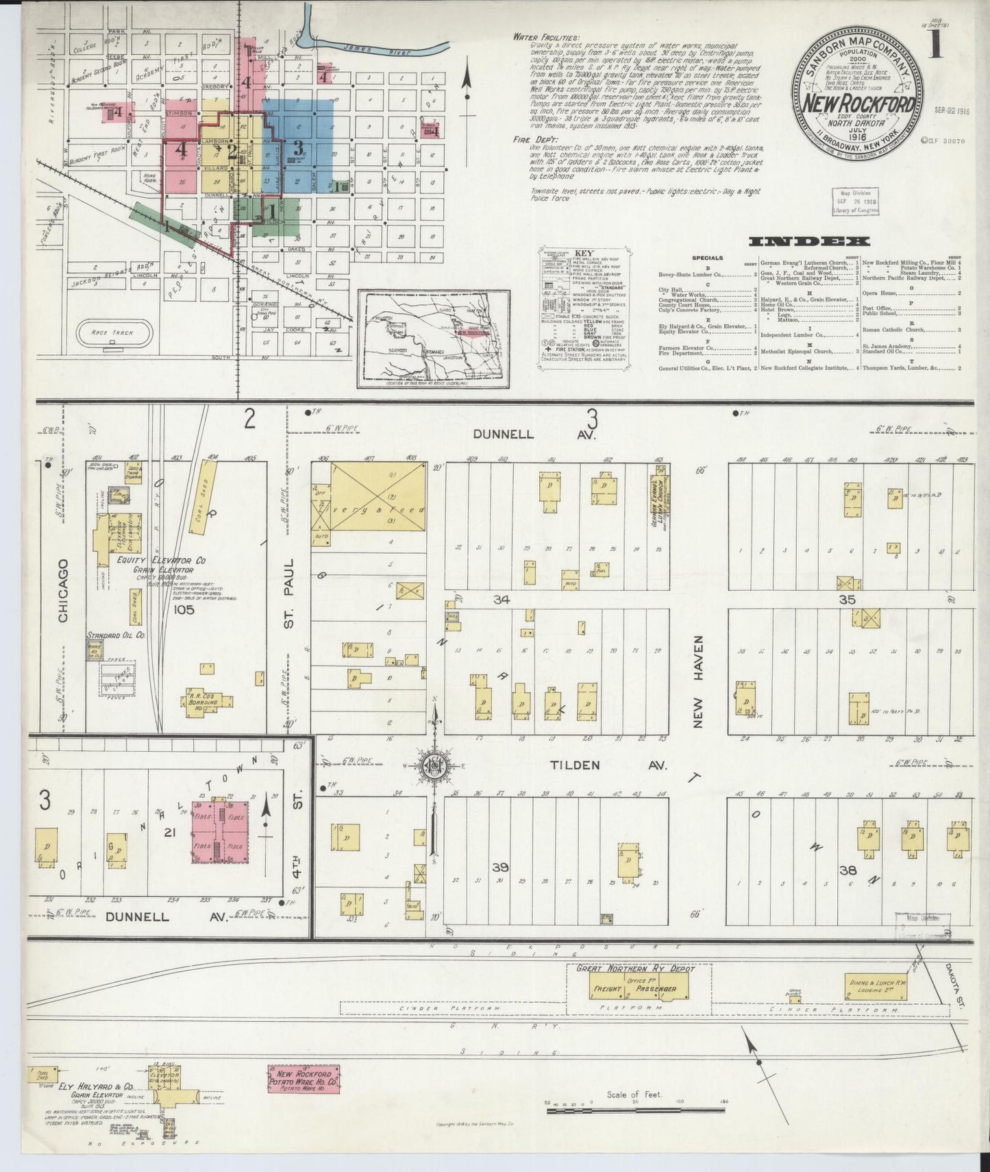 Sanborn Fire Insurance Map from New Rockford, Eddy County, North Dakota (1916), Sheet #0001 - Historic Sanborn Fire Insurance Map Print, vintage old map wall art, antique decor, genealogy gift, North Dakota North Dakota map