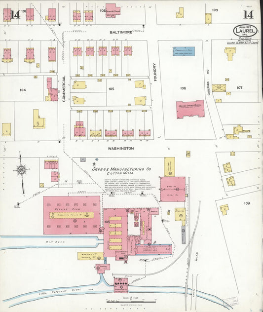 Sanborn Fire Insurance Map from Laurel, Prince Georges County, Maryland (1923), Sheet #0014 - Historic Sanborn Fire Insurance Map Print, vintage old map wall art