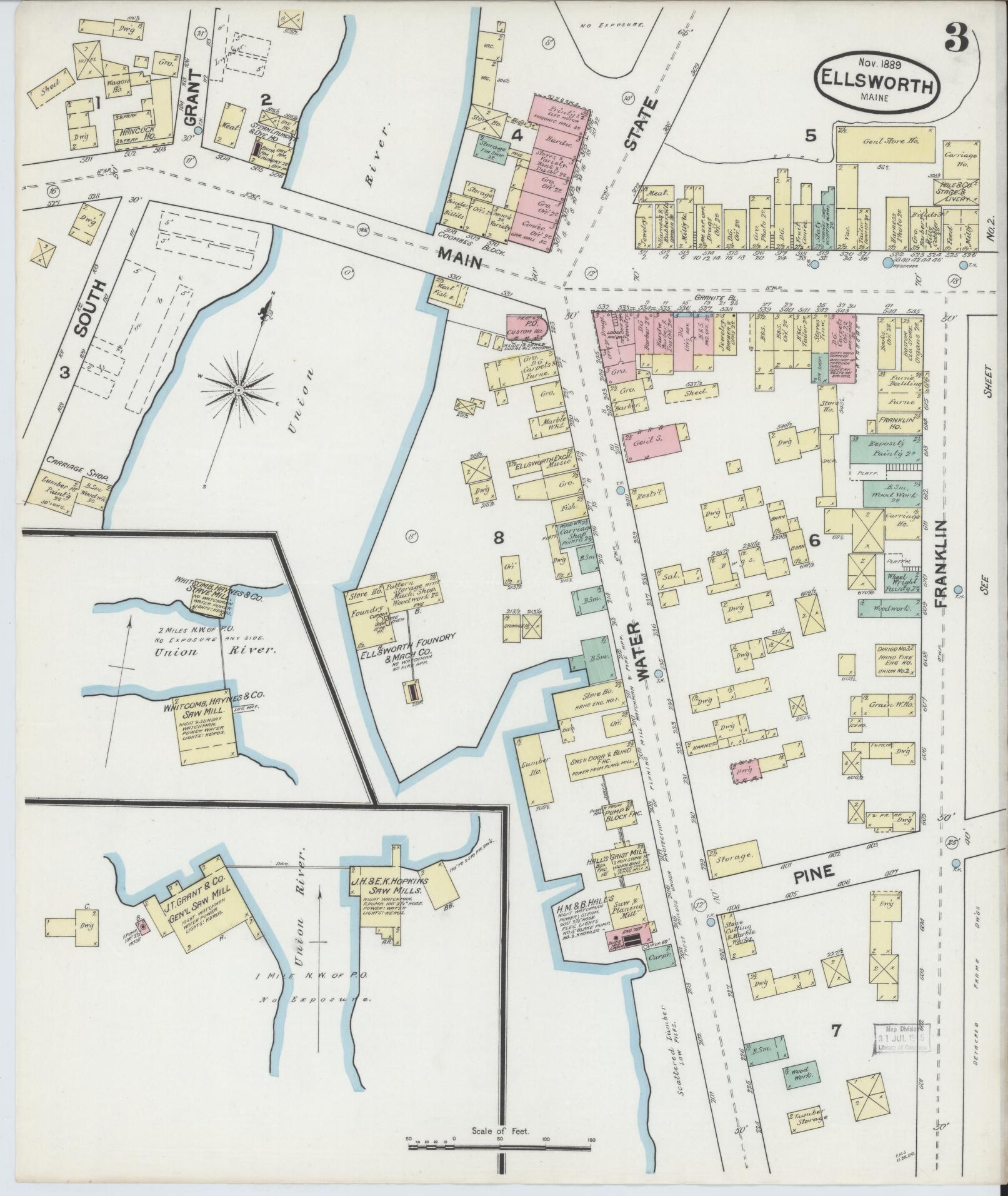 Sanborn Fire Insurance Map from Ellsworth, Hancock County, Maine (1889), Sheet #0003 - Complete Map Set gallery image, historic Sanborn map, vintage wall art, Maine Maine