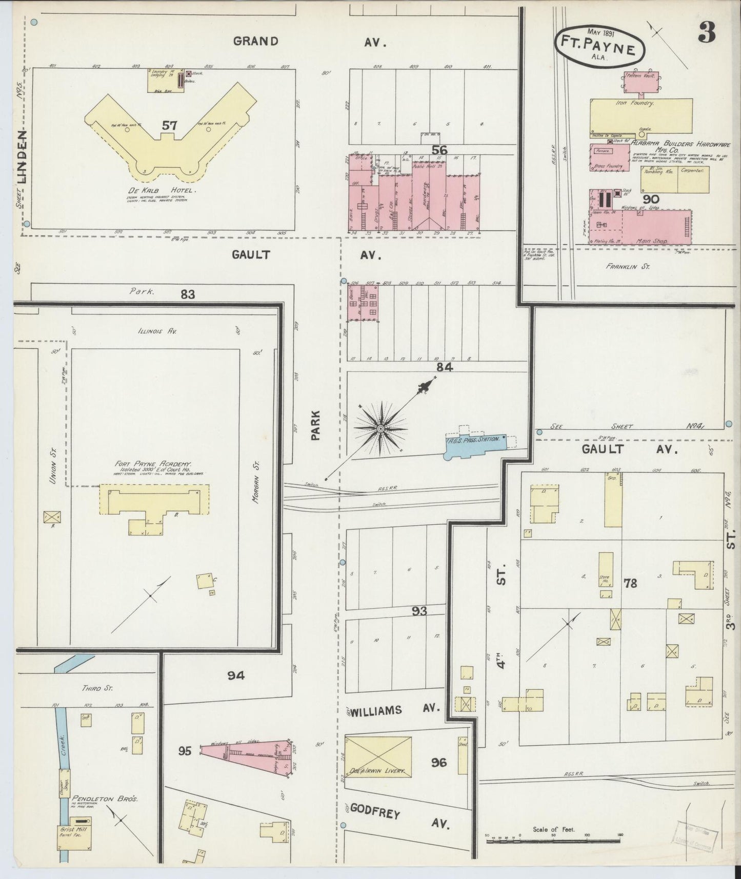 Sanborn Fire Insurance Map from Fort Payne, Dekalb County, Alabama (1891), Sheet #0003 - Historic Sanborn Fire Insurance Map Print, vintage old map wall art, antique decor, genealogy gift, Alabama Alabama map
