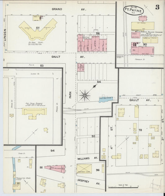Sanborn Fire Insurance Map from Fort Payne, Dekalb County, Alabama (1891), Sheet #0003 - Historic Sanborn Fire Insurance Map Print, vintage old map wall art, antique decor, genealogy gift, Alabama Alabama map