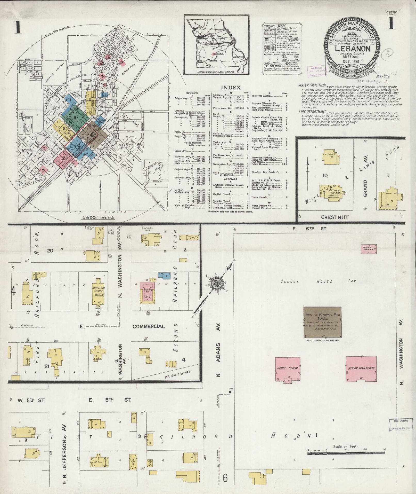 Sanborn Fire Insurance Map from Lebanon, Laclede County, Missouri (1925), Sheet #0001 - Complete Map Set gallery image, historic Sanborn map, vintage wall art, Missouri Missouri