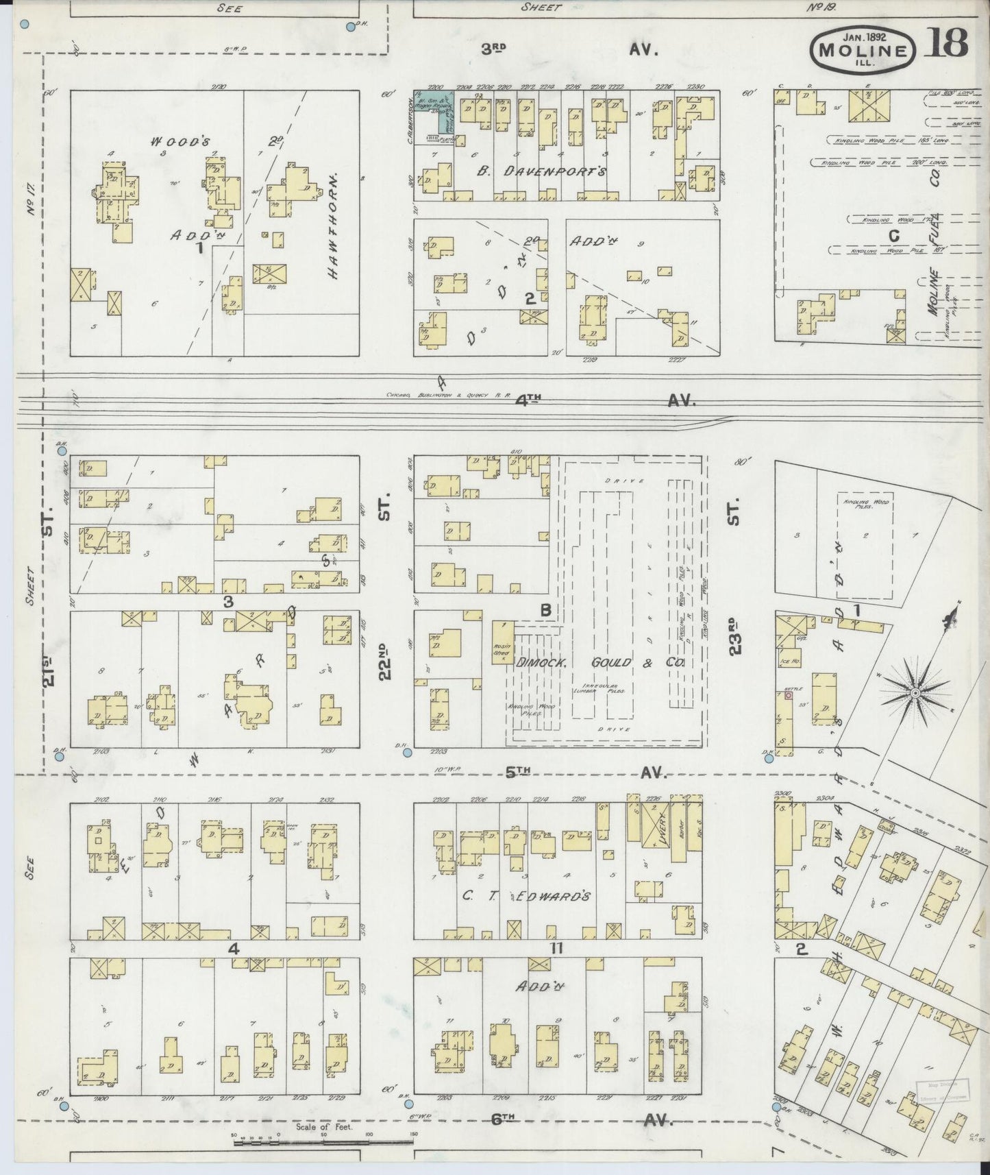 Sanborn Fire Insurance Map from Moline, Rock Island County, Illinois (1892), Sheet #0018 - Complete Map Set gallery image, historic Sanborn map, vintage wall art, Illinois Illinois