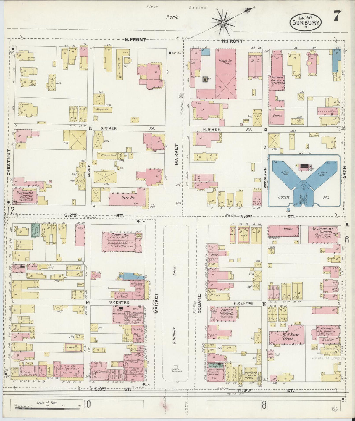 Sanborn Fire Insurance Map from Sunbury, Northumberland County, Pennsylvania (1907), Sheet #0007 - Historic Sanborn Fire Insurance Map Print, vintage old map wall art, antique decor, genealogy gift, Pennsylvania Pennsylvania map