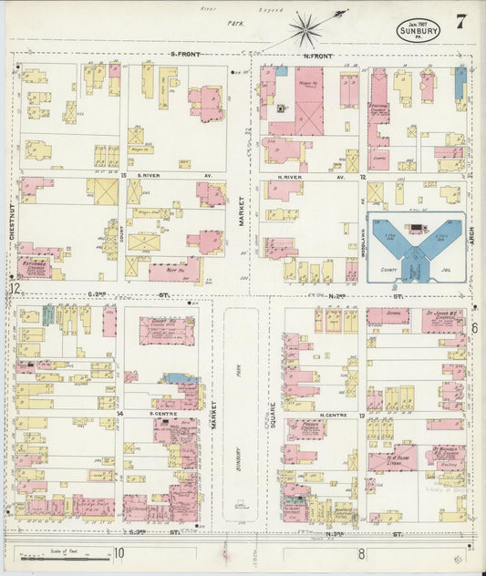 Sanborn Fire Insurance Map from Sunbury, Northumberland County, Pennsylvania (1907), Sheet #0007 - Historic Sanborn Fire Insurance Map Print, vintage old map wall art, antique decor, genealogy gift, Pennsylvania Pennsylvania map