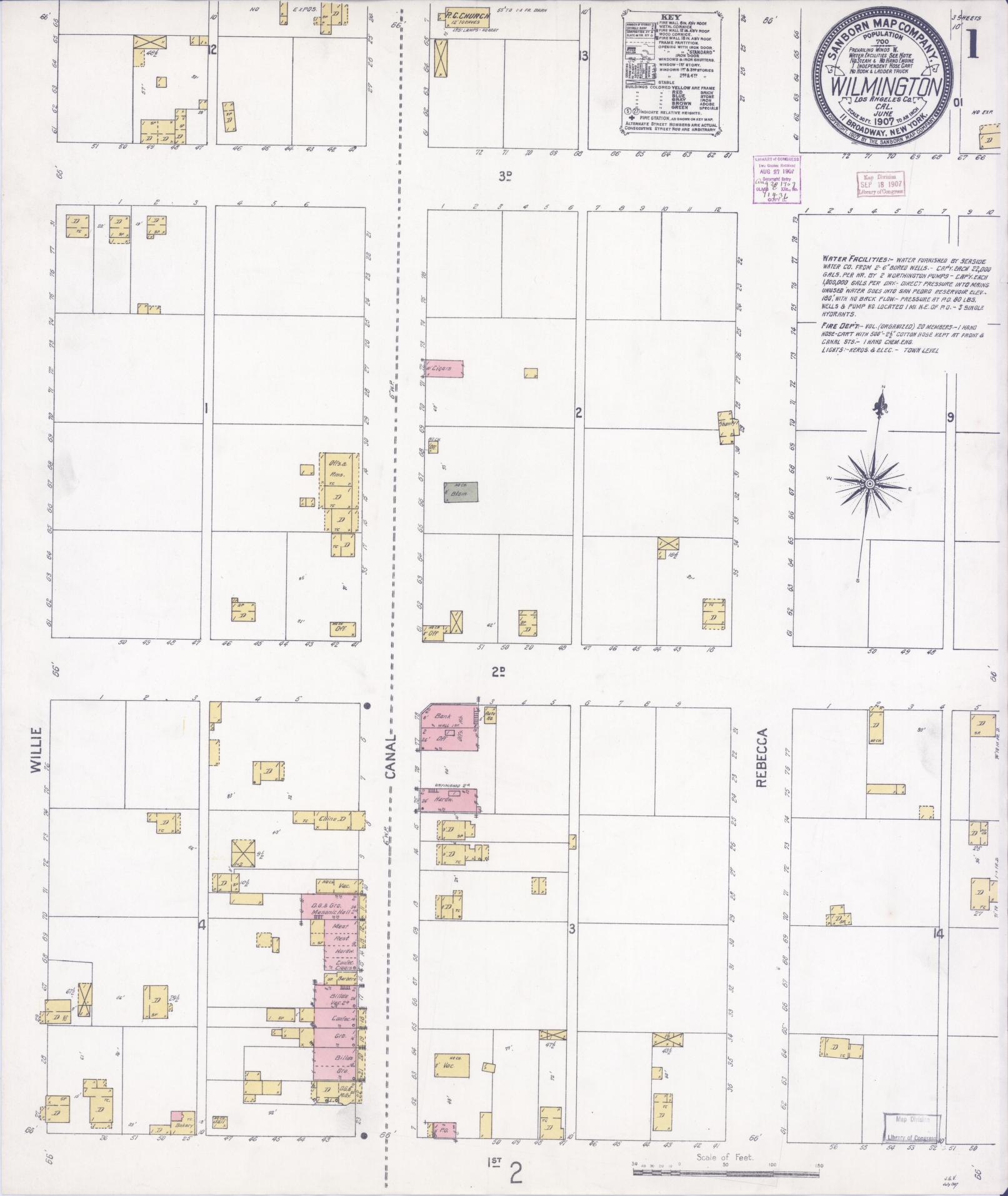 Sanborn Fire Insurance Map from Wilmington, Los Angeles County, California (1907), Sheet #0001 - Complete Map Set gallery image, historic Sanborn map, vintage wall art, California California