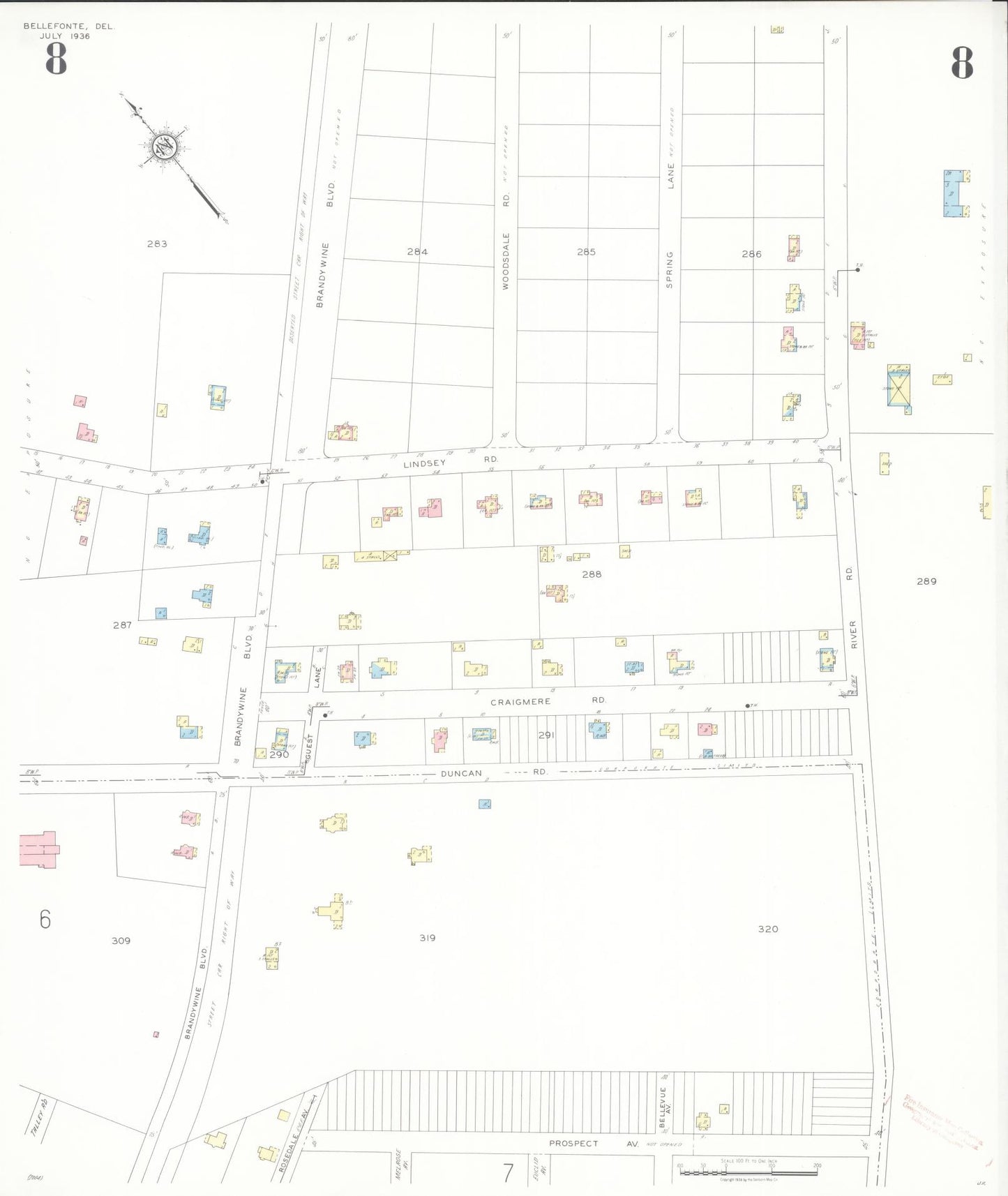 Sanborn Fire Insurance Map from Bellefonte, New Castle County, Delaware (1936), Sheet #0008 - Historic Sanborn Fire Insurance Map Print, vintage old map wall art, antique decor, genealogy gift, Delaware Delaware map