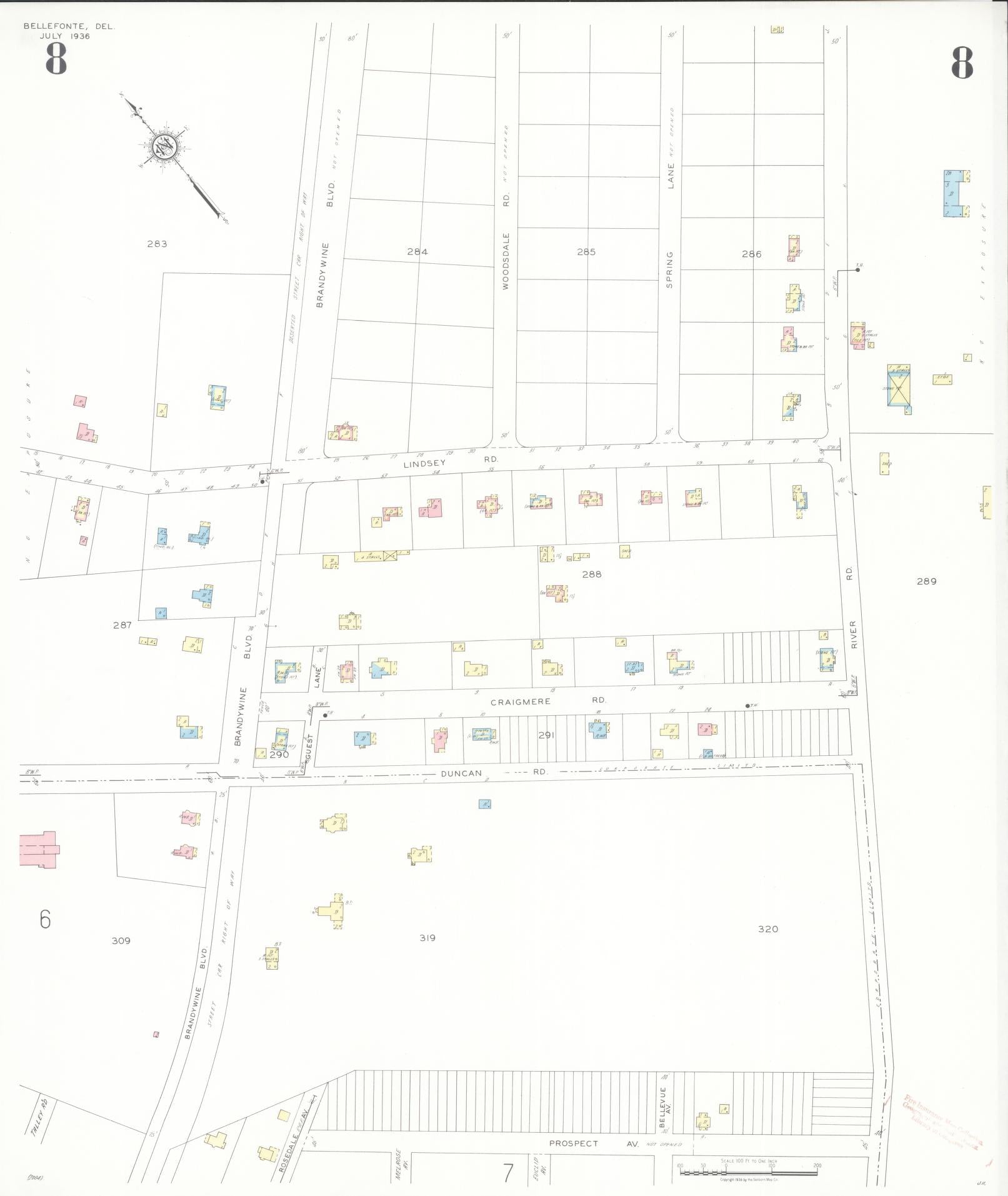 Sanborn Fire Insurance Map from Bellefonte, New Castle County, Delaware (1936), Sheet #0008 - Historic Sanborn Fire Insurance Map Print, vintage old map wall art, antique decor, genealogy gift, Delaware Delaware map