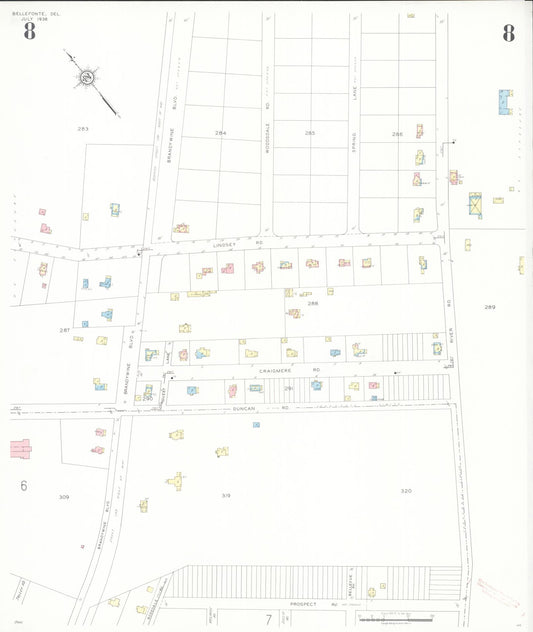 Sanborn Fire Insurance Map from Bellefonte, New Castle County, Delaware (1936), Sheet #0008 - Historic Sanborn Fire Insurance Map Print, vintage old map wall art, antique decor, genealogy gift, Delaware Delaware map